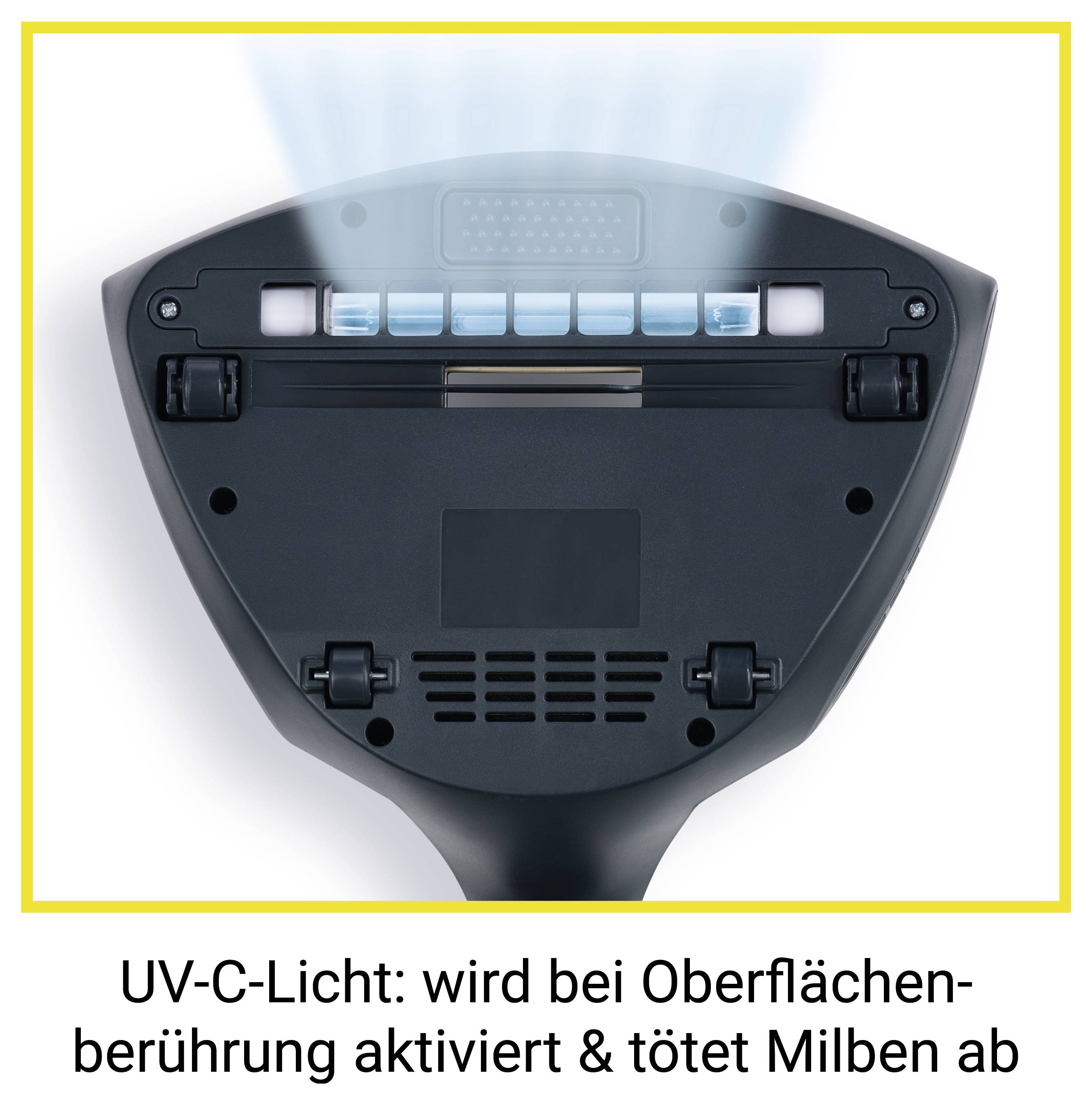 Rückansicht eines Geräts, das blaues UV-C-Licht ausstrahlt, beschriftet auf Deutsch: „UV-C-Licht: wird bei Oberflächenberührung aktiviert & tötet Milben ab.