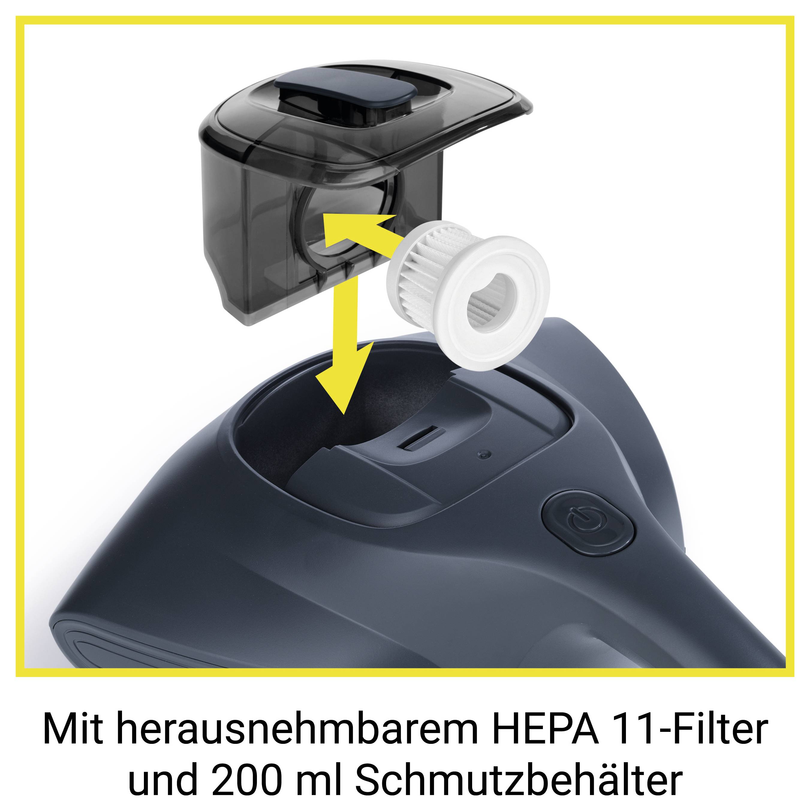 Staubsauger mit abnehmbarem HEPA-11-Filter und 200-ml-Schmutzbehälter, gezeigt mit abgelöstem Filter.