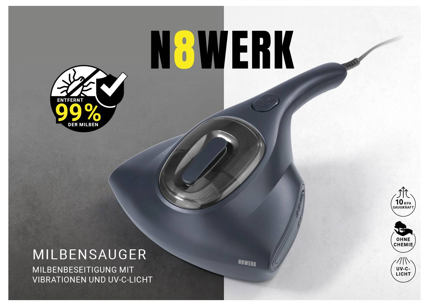 Ein tragbarer Staubsauger mit Anspruch auf die Entfernung von 99% der Hausstaubmilben, mit Vibration und UV-C-Licht, Marke N8WERK. Deutscher Text vorhanden.