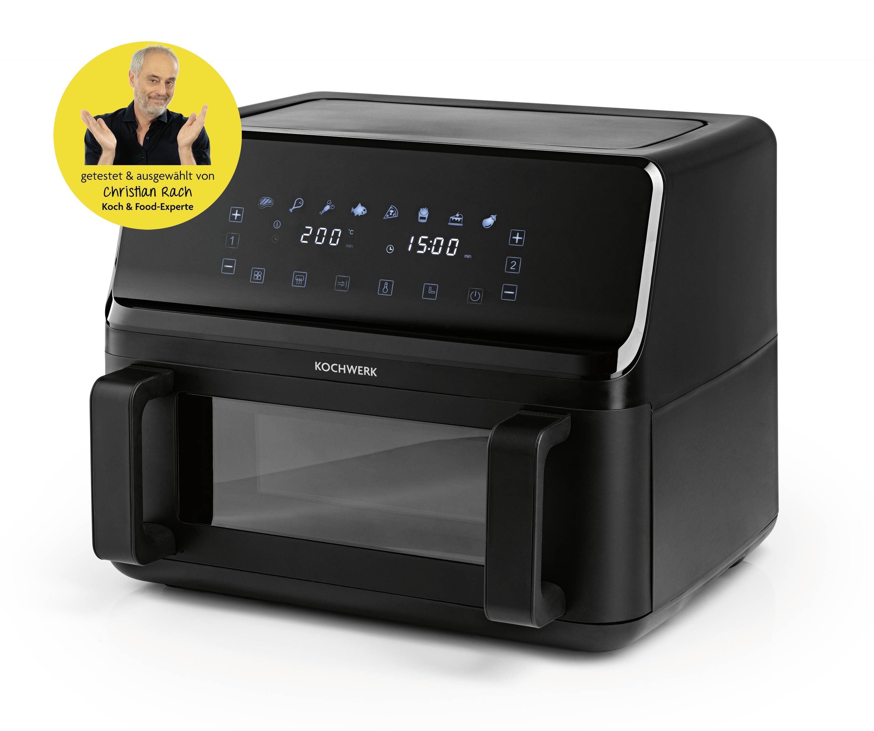 Ein schwarzer Heißluftfriteuse-Ofen mit digitalen Steuerelementen, die die Temperatur '200°C' und die Zeit '15:00' anzeigen. Tasten mit Touchfunktion für verschiedene Einstellungen.