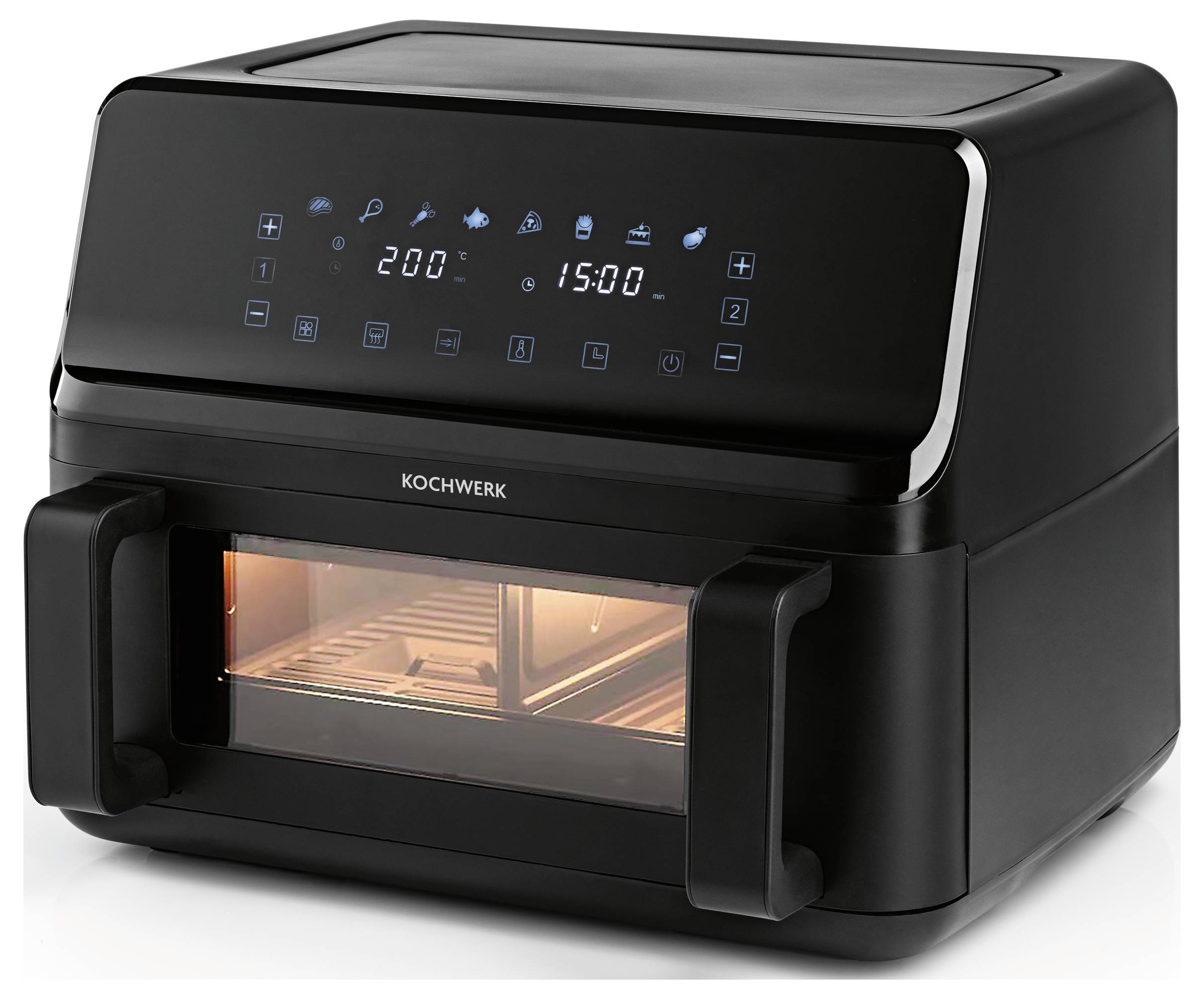 Ein schwarzer, moderner Tischbackofen mit digitaler Anzeige, die 200°C und 15:00 Minuten anzeigt. Die Backofentür hat ein Fenster.