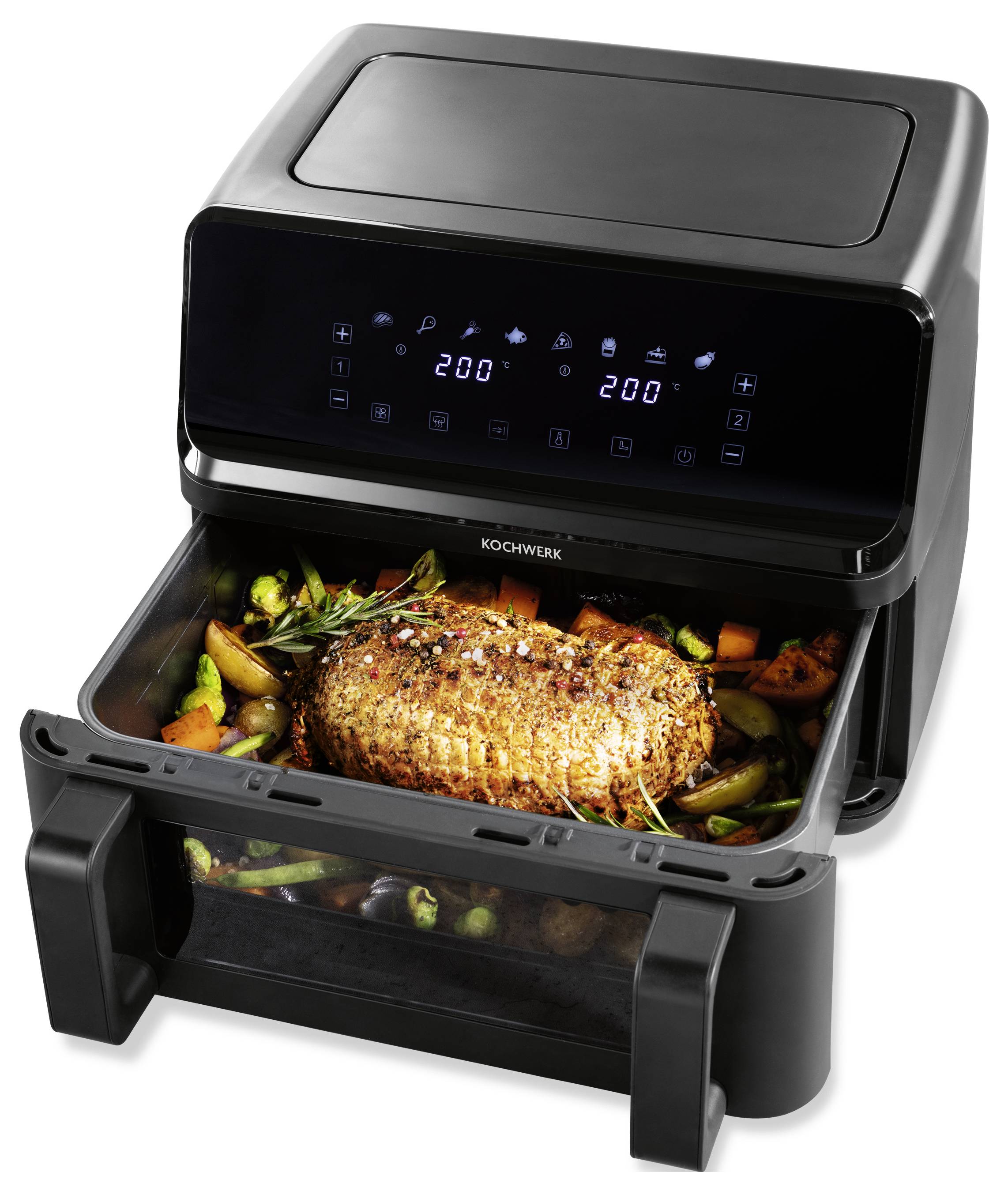 Ein digitales Heißluftfrittiergerät mit einem gebratenen Braten und Gemüse auf dem offenen Tablett. Die Temperatur ist auf dem Display-Panel auf 200°C eingestellt.