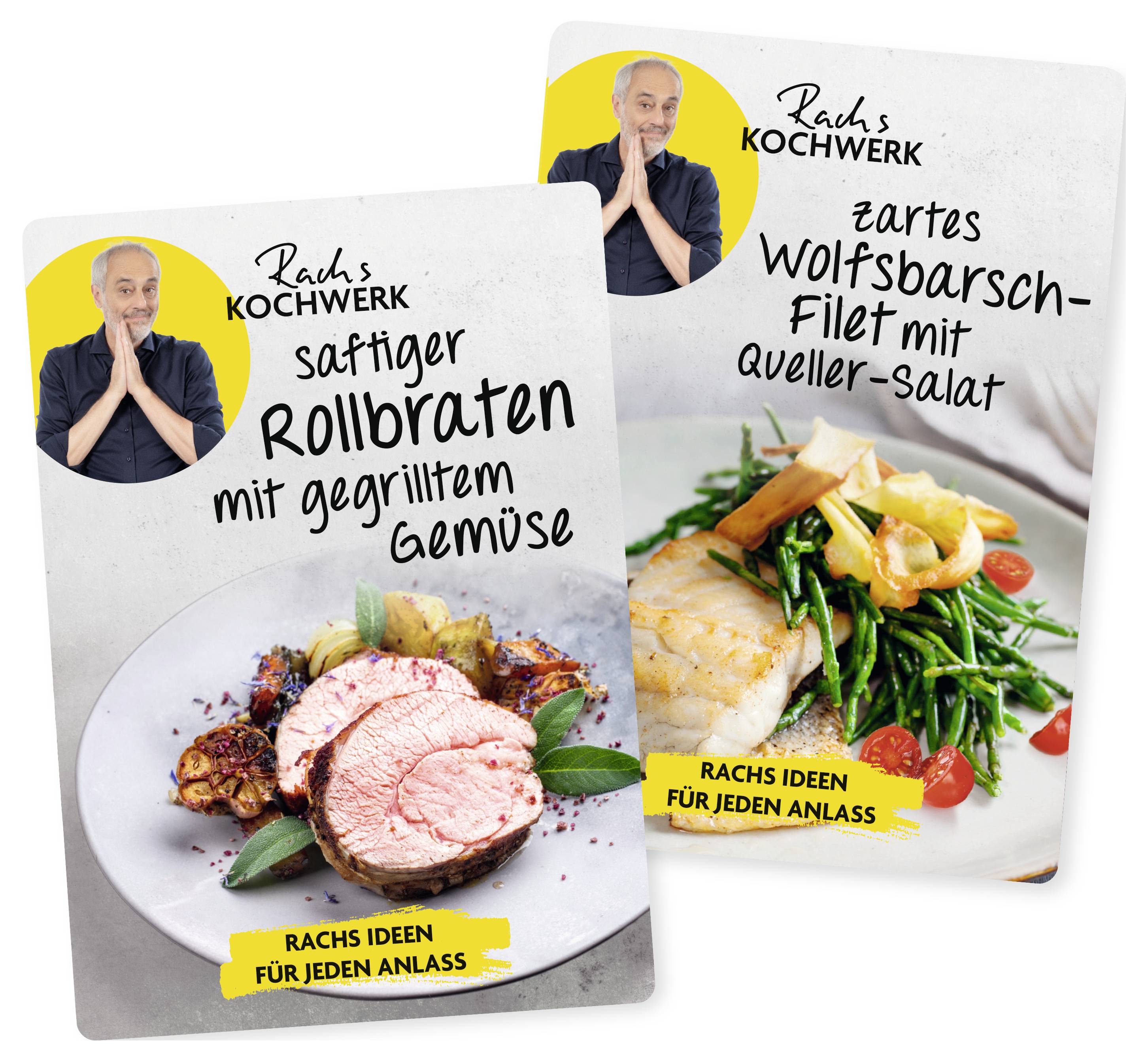 Zwei Rezeptkarten mit Gerichten: „Saftiger Rollbraten mit gegrilltem Gemüse