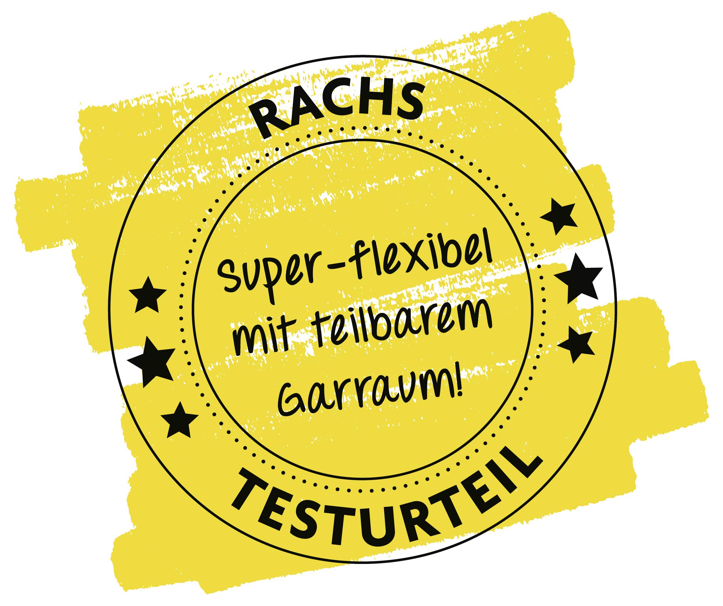 Rundes Stempel mit Text 'RACHS TESTURTEIL' und 'super-flexibel mit teilbarem Garraum!' auf gelbem, Pinselstrich-Hintergrund.
