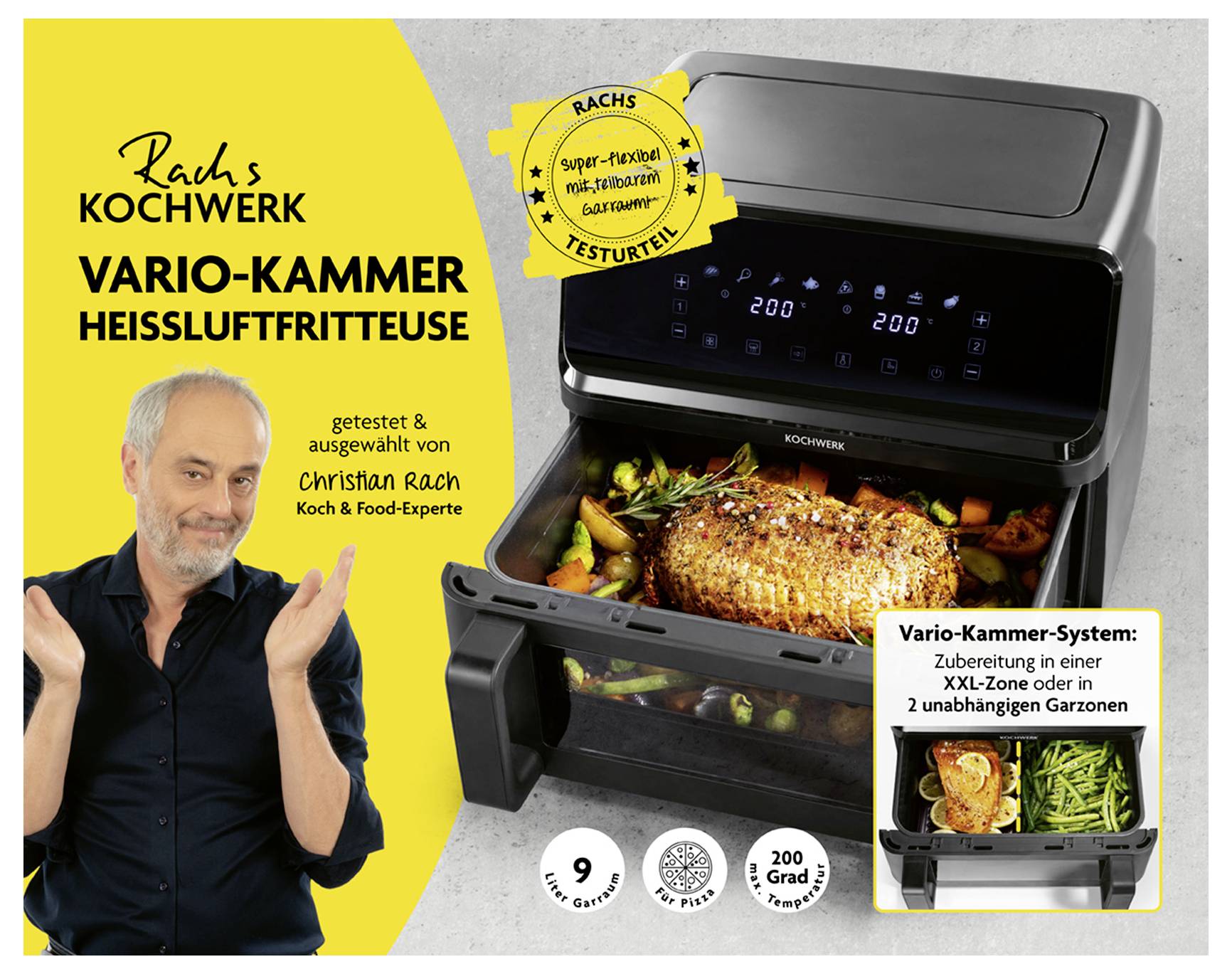 Ein Werbebild für die „Rach's Kochwerk Vario-Kammer Heißluftfritteuse