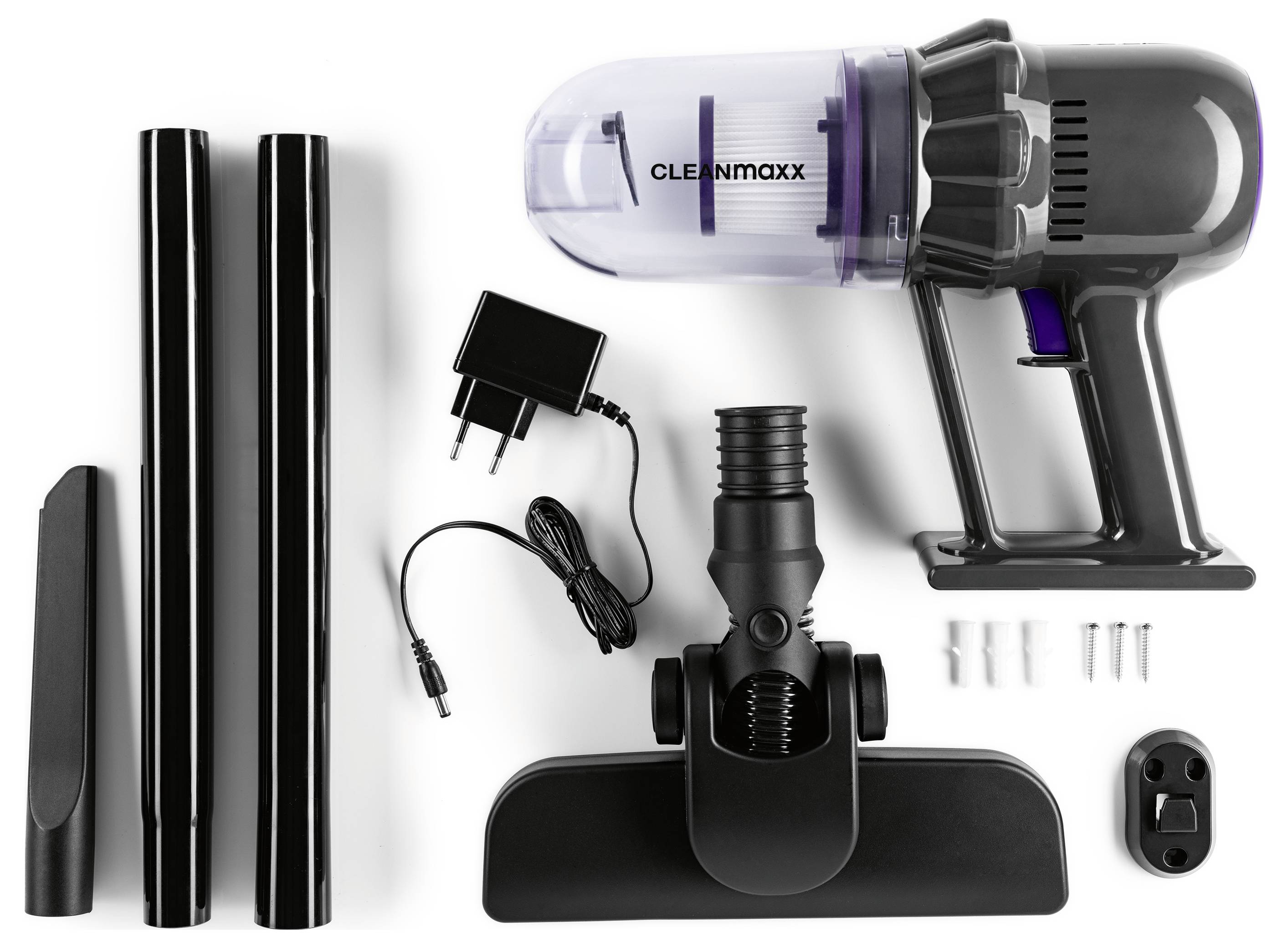 Ein Staubsaugerset umfasst ein tragbares Gerät, Verlängerungsrohre, eine Bodenbürste, ein Fugenwerkzeug, ein Netzteil und Wandhalterungen.