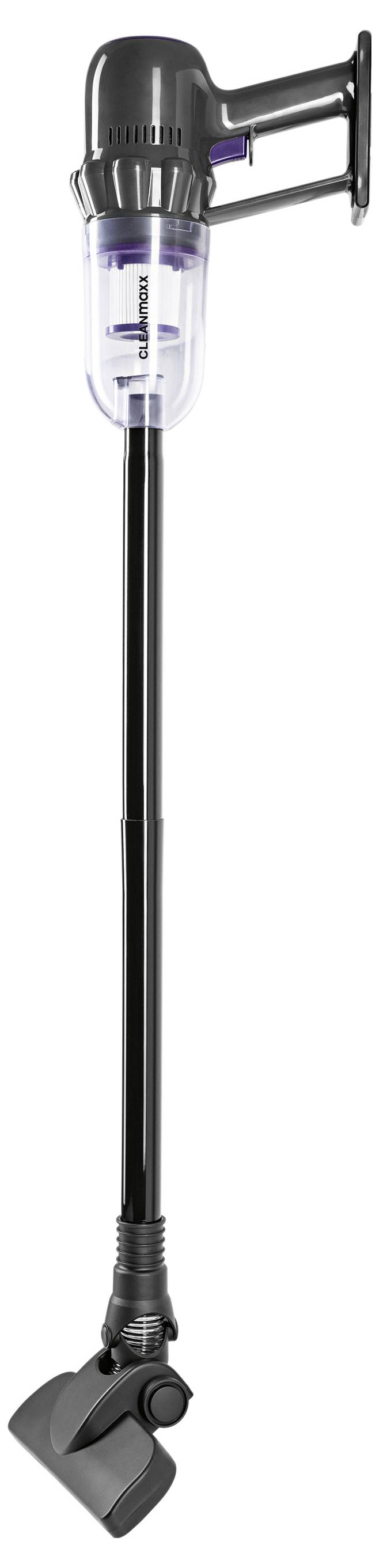 Ein schwarzer und silberner Stabstaubsauger auf einer Wandhalterung montiert, der seinen durchsichtigen Staubbehälter und sein aufrechtes Lagerungsdesign zur Schau stellt.