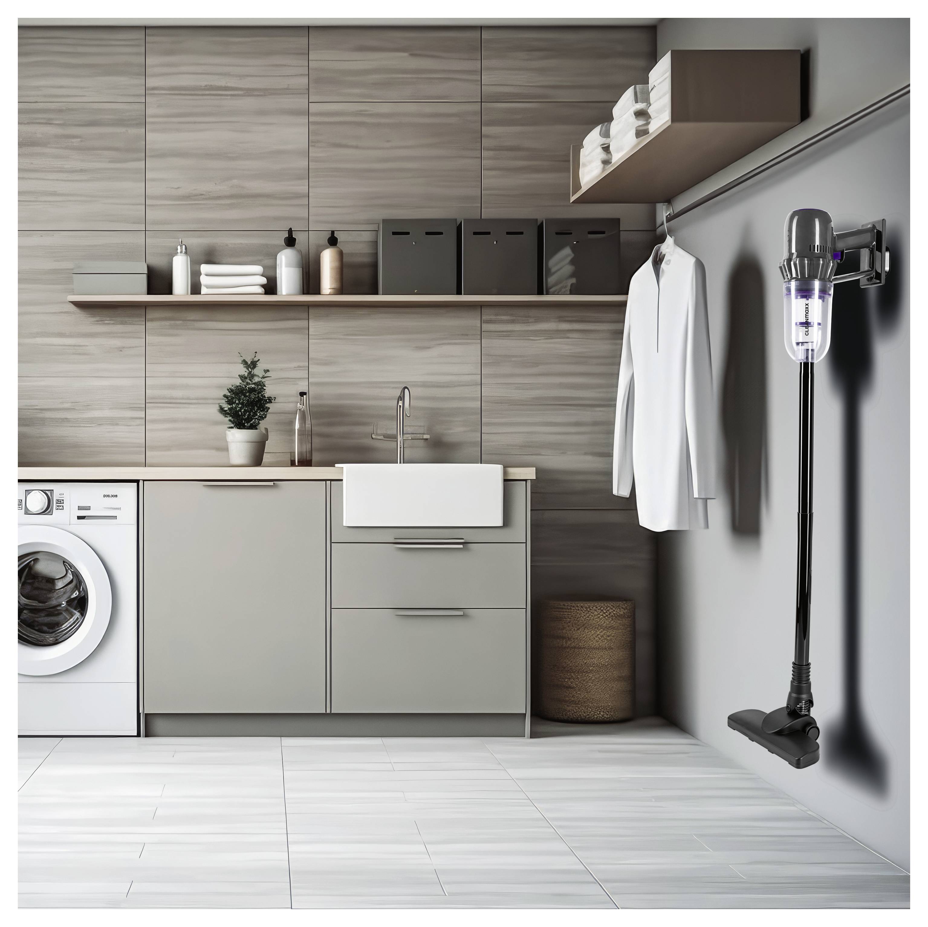 Ein modernes Waschzimmer mit hellgrauer Schrankanlage, einer Frontlader-Waschmaschine und einem an der Wand montierten Staubsauger neben einem weißen Hemd.