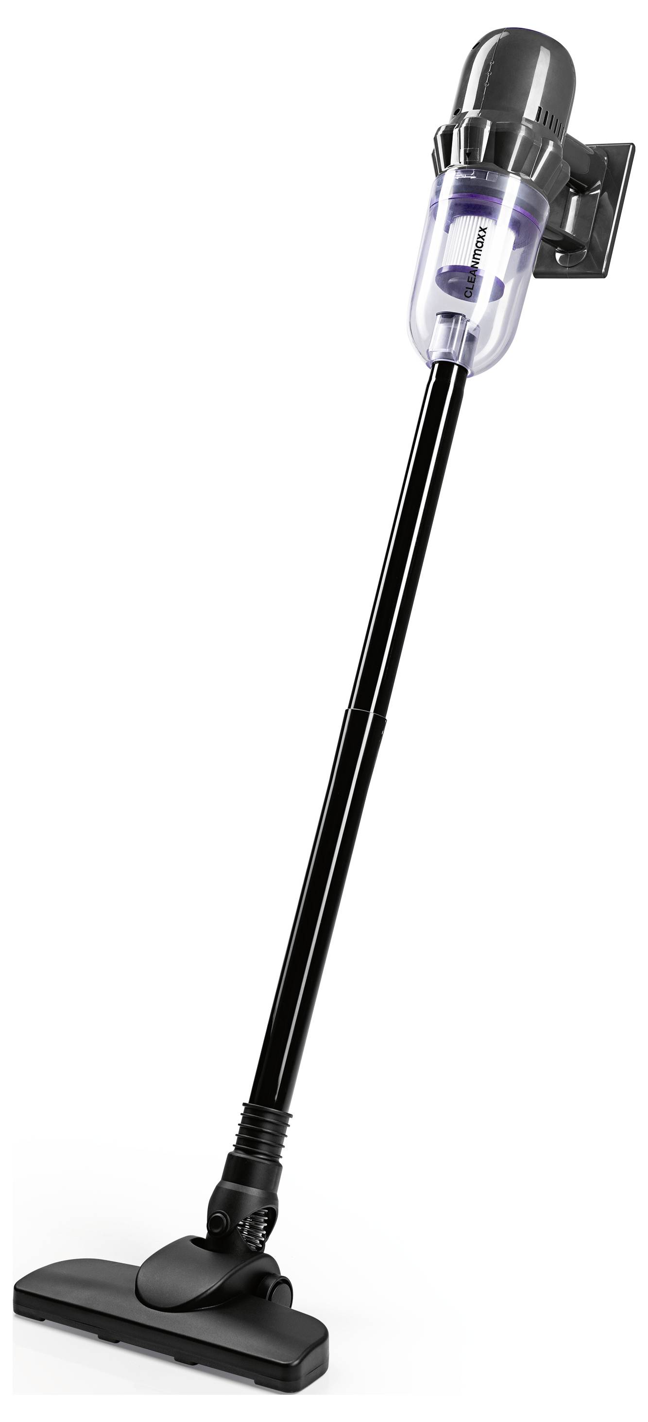 Ein schwarzer Stabstaubsauger mit transparentem Staubbehälter und breiter Bodendüse, aufrecht stehend.