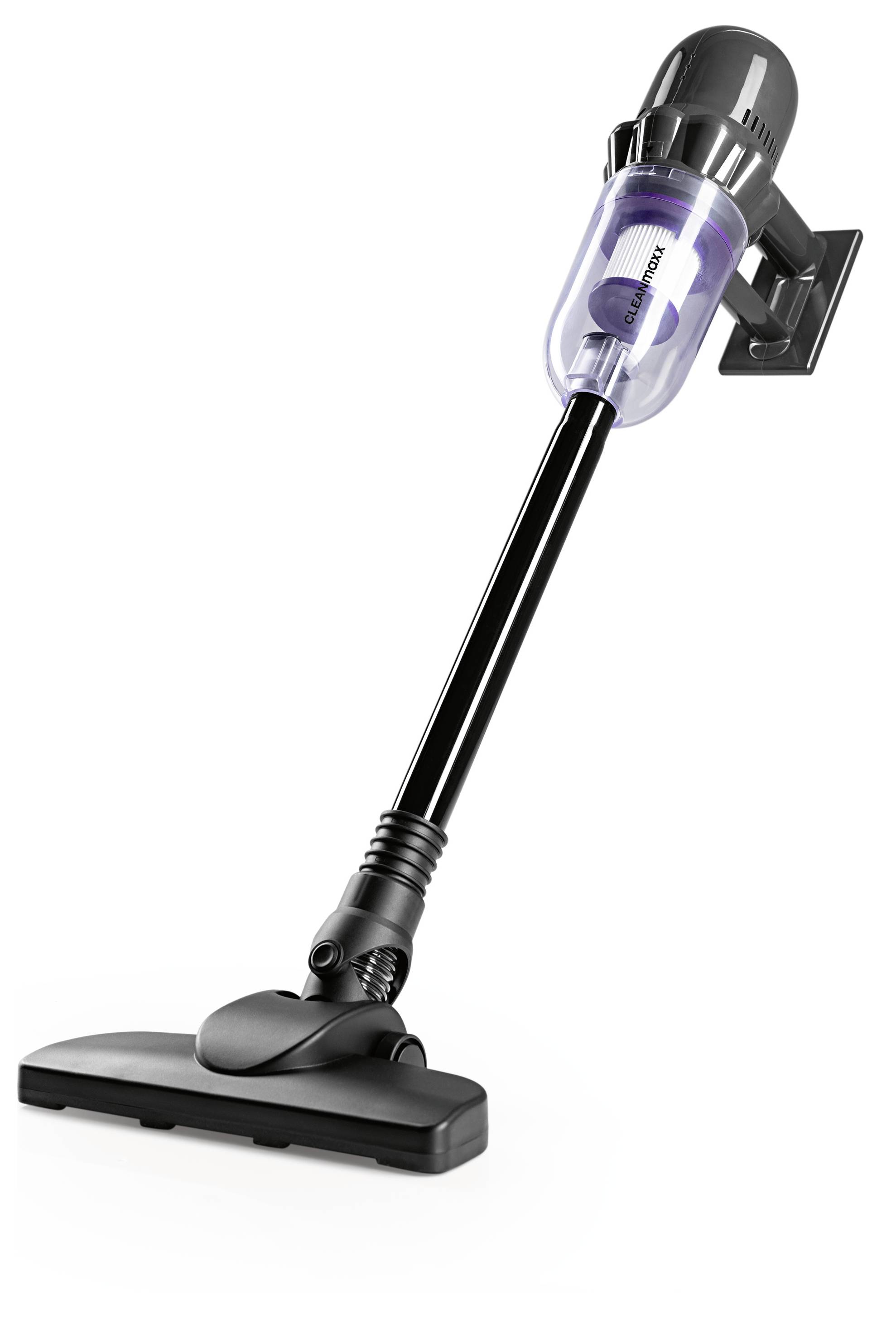 Ein schwarzer und grauer kabelloses Staubsauger mit einem transparenten Staubbehälter und ergonomischem Griff, der aufrecht auf weißem Hintergrund steht.