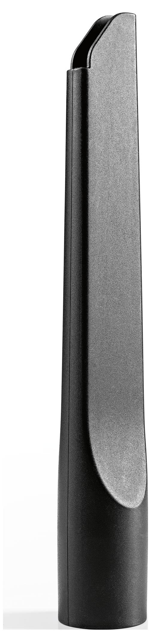 Ein schwarzes Staubsaugerzubehör mit einer schmalen, gewinkleten Spitze zum Reinigen enger Räume.