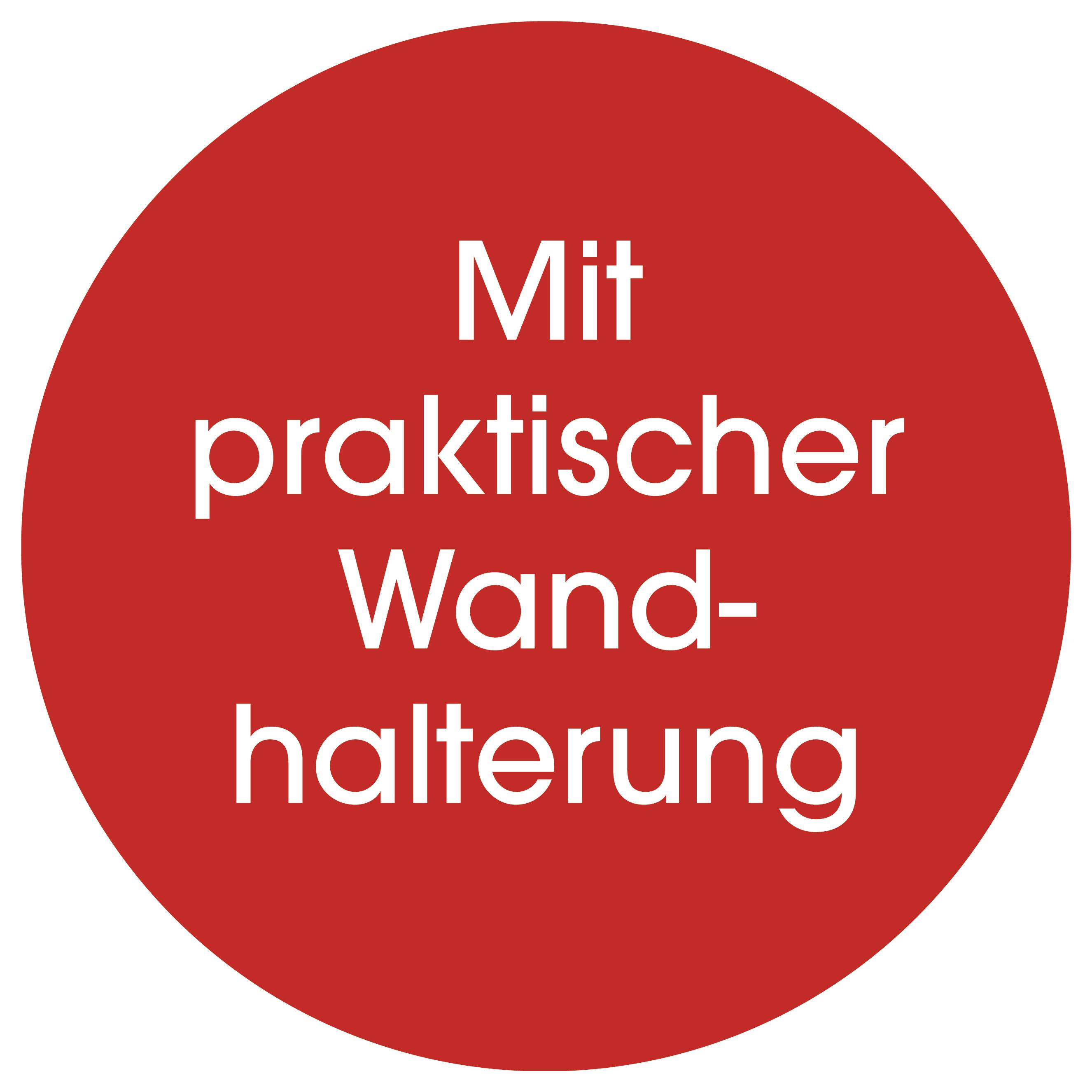 Roter Kreis mit weißem Text mit der Aufschrift „Mit praktischer Wandhalterung