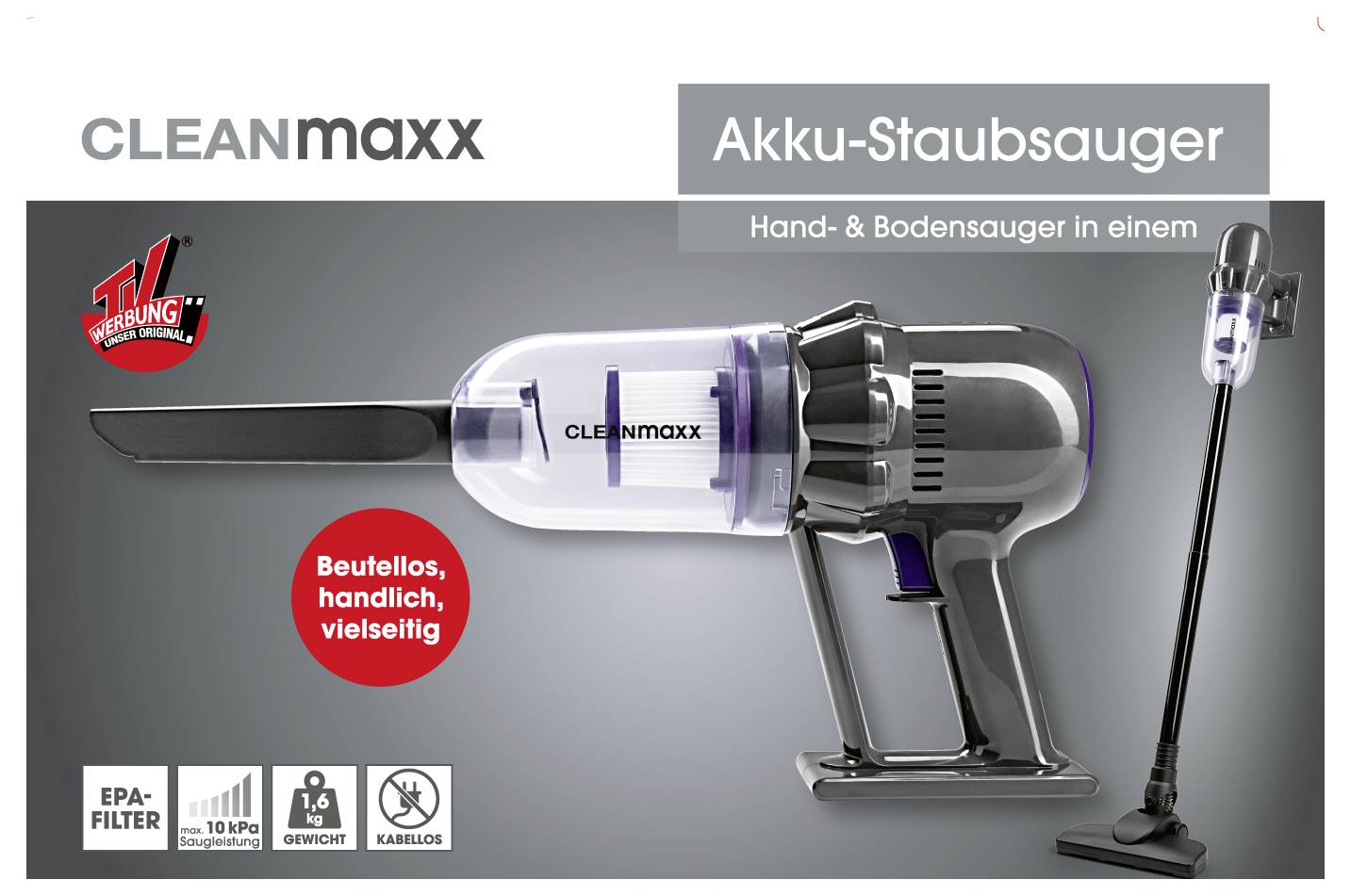 Kabelloses Staubsaugergerät von Clean Maxx mit abnehmbarer Handeinheit und EPA-Filter, entwickelt für vielseitige Boden- und Handnutzung.