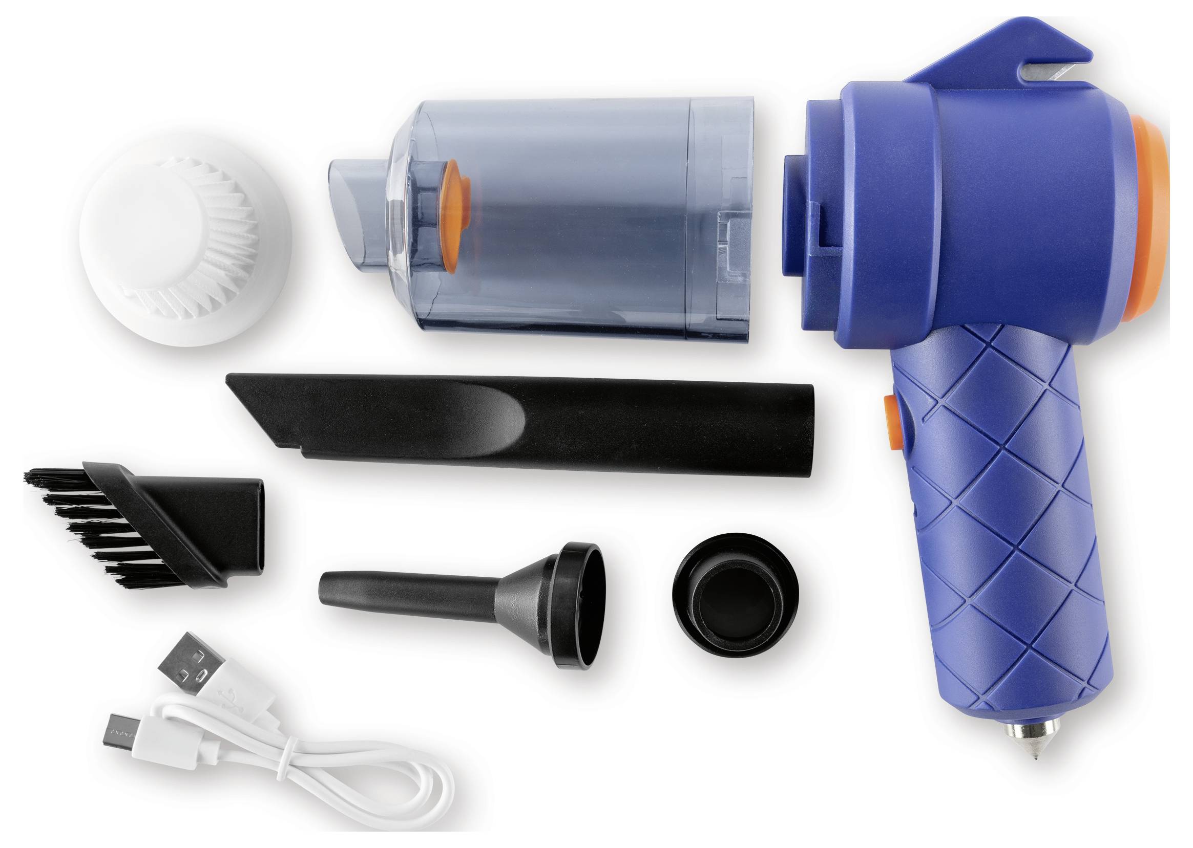 Ein kompakter tragbarer Staubsauger mit Aufsätzen: Bürste, Düse, Fugendüse, Staubbehälter, Filter und USB-Ladekabel, alles in Blau und Schwarz.