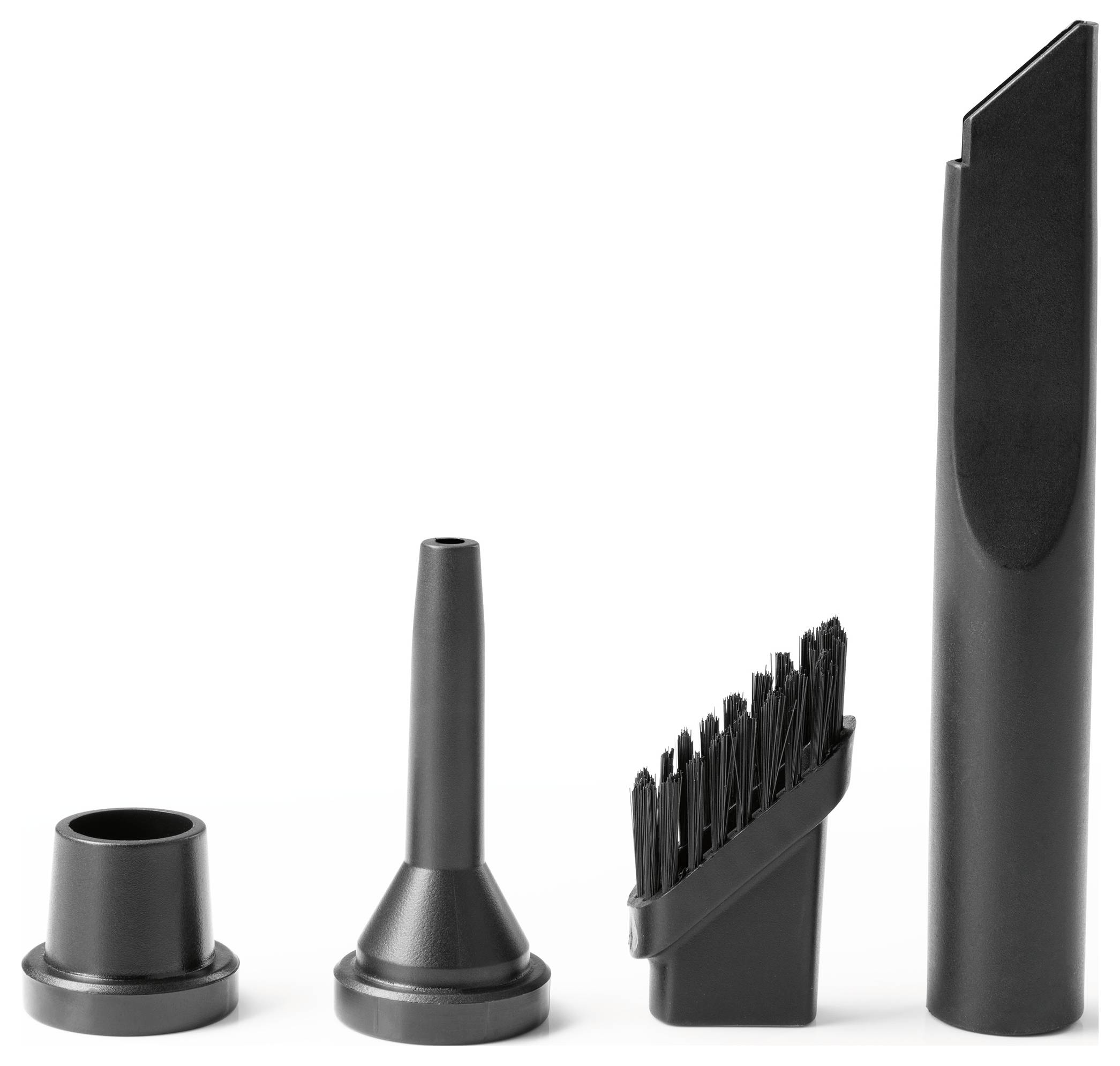Vier schwarze Staubsauger-Aufsätze in einer Reihe aufgereiht: eine runde Düse, ein schmales Verlängerungsrohr, eine Bürstenbürste und ein langes Fugenwerkzeug.