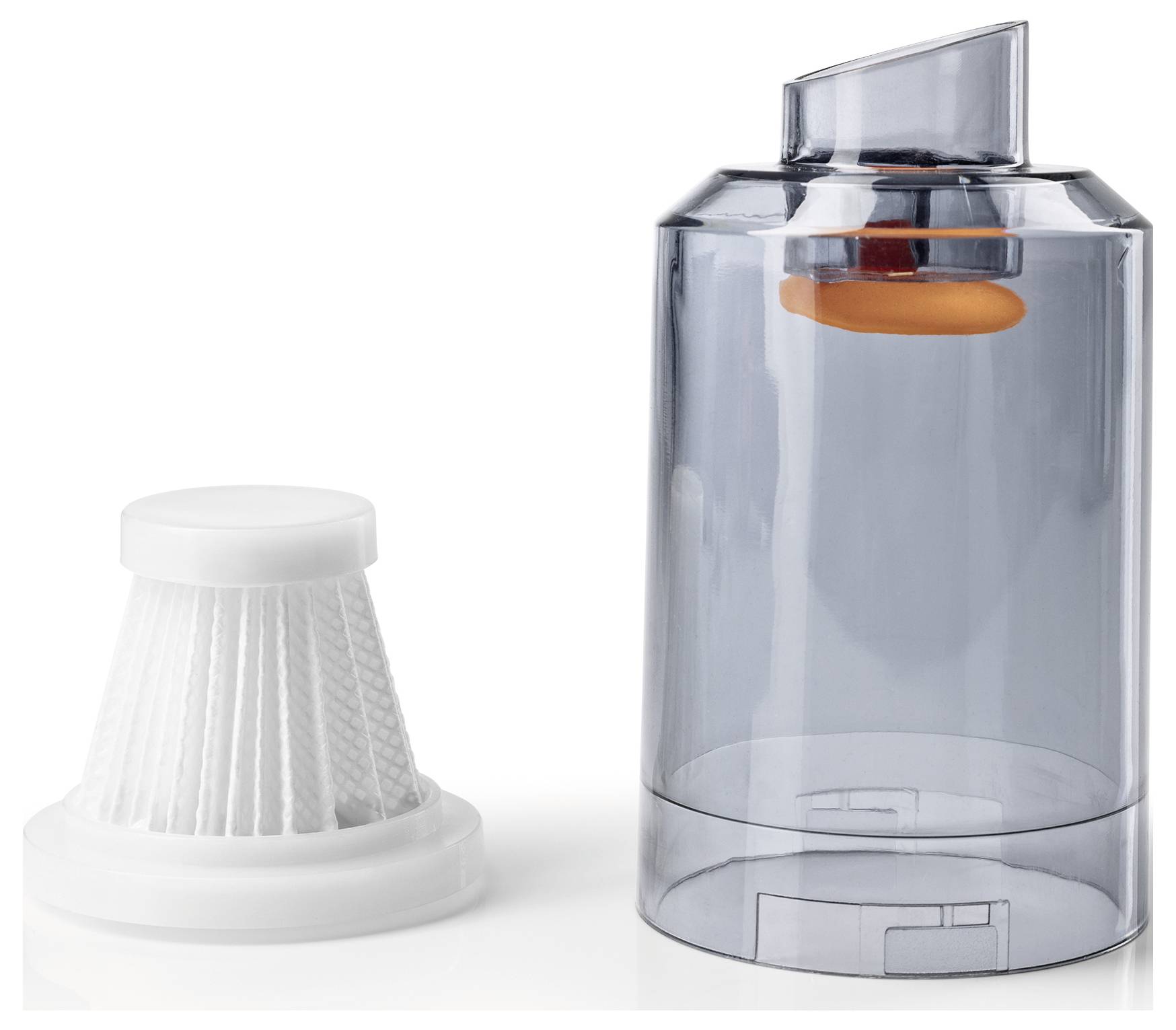Ein transparenter Behälter mit einer orangefarbigen Schwimmvorrichtung im Inneren, neben einem weißen Kunststofffilter, beide für einen unbestimmten Zweck konzipiert.