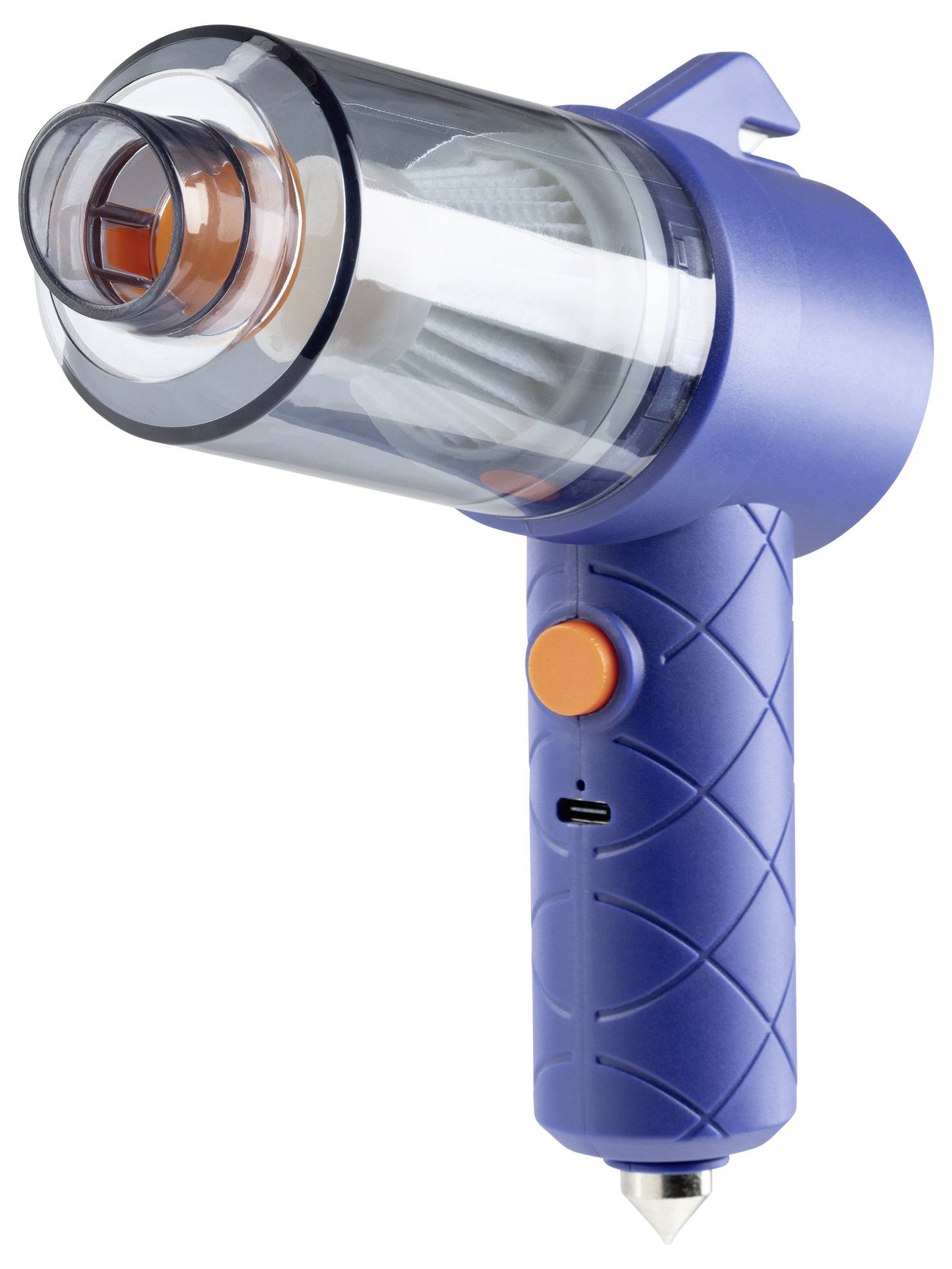 Ein tragbarer blauer Fusselentferner mit ergonomischem Griff und transparentem Behälter zum Sammeln von Flusen oder Textilrafflern.