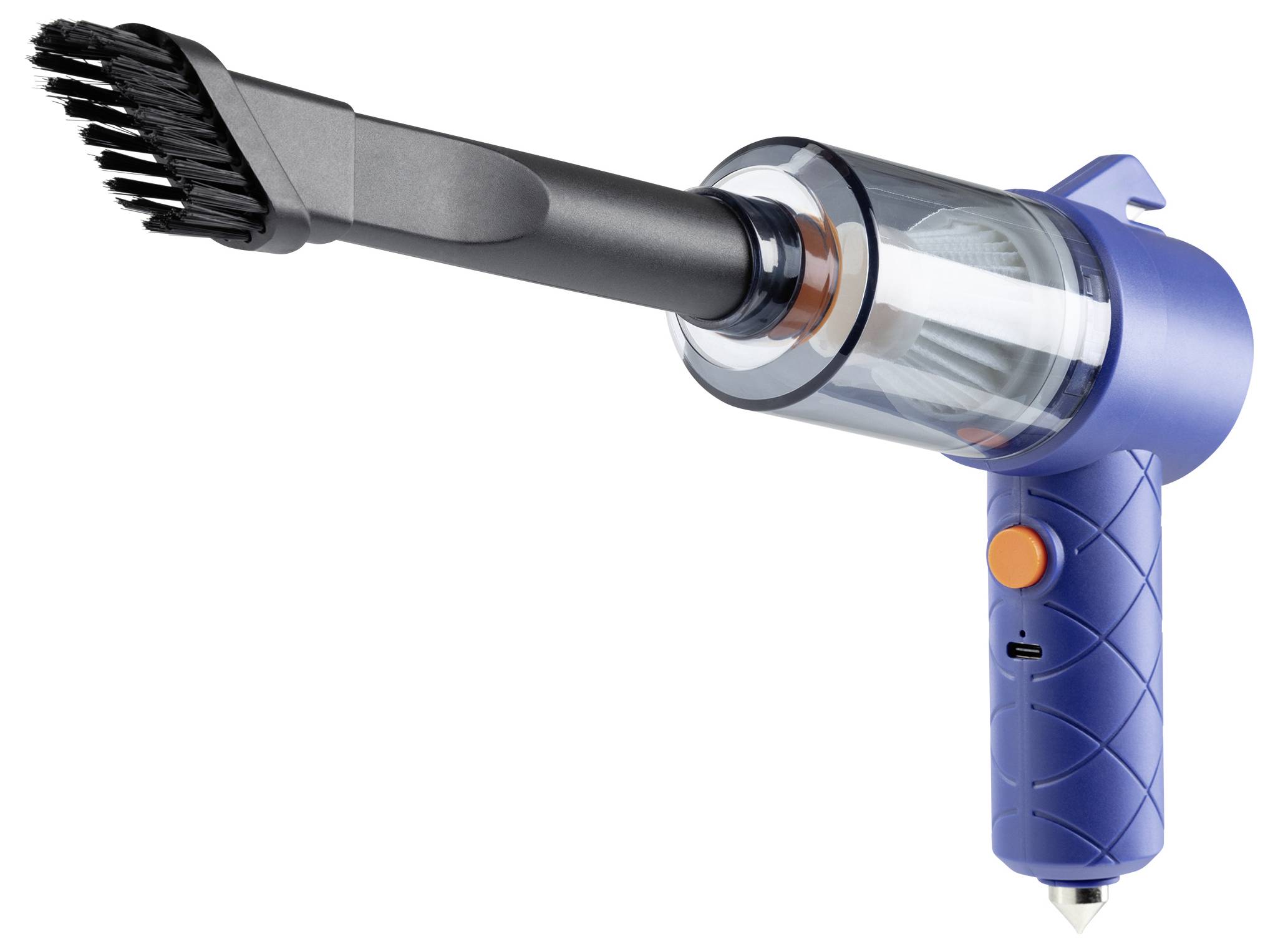 Tragbarer Staubsauger mit blauem Griff, transparentem Staubbehälter und Bürstenaufsatz, entwickelt für kleine Reinigungsaufgaben.