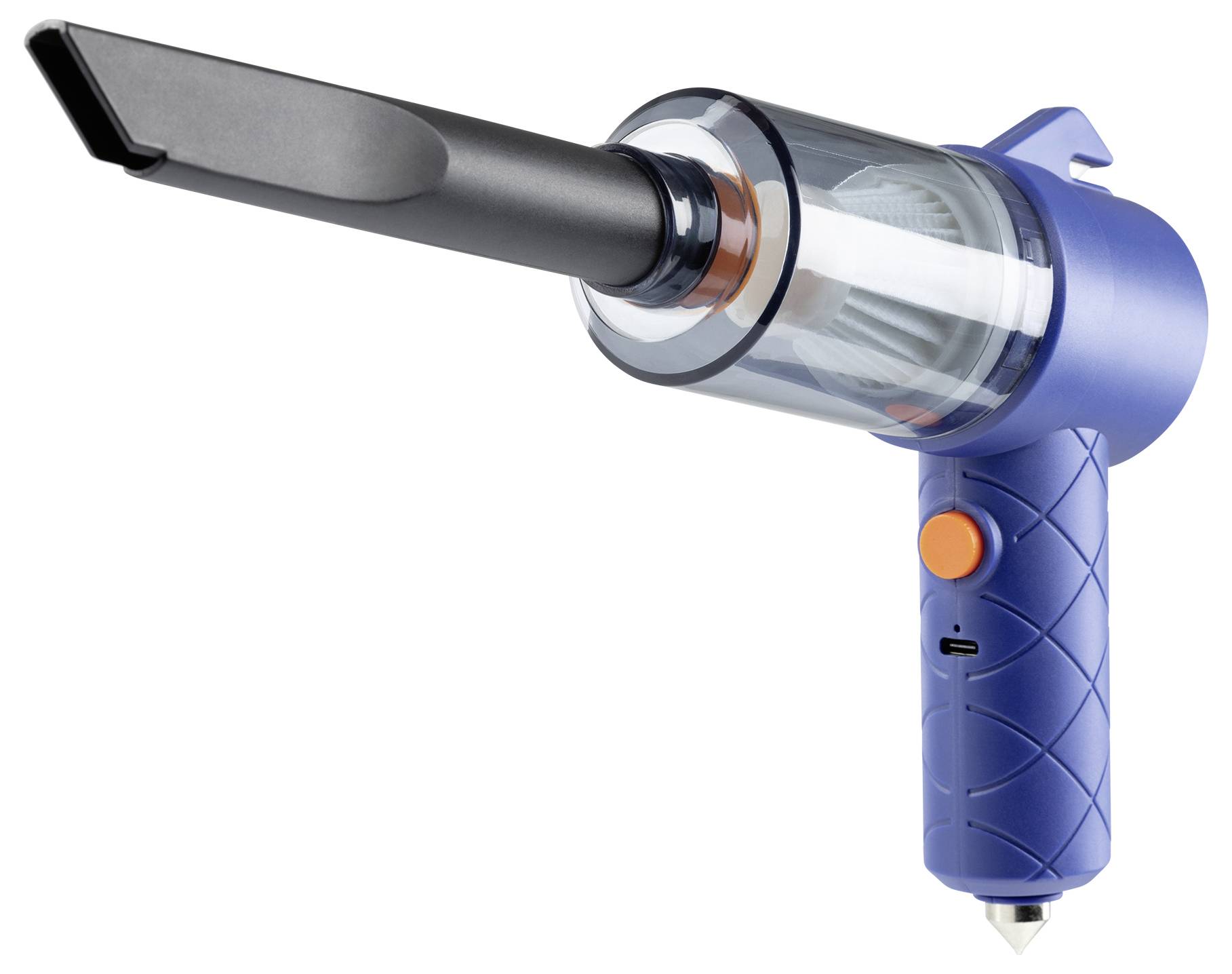 Ein tragbarer Staubsauger mit blauem Gehäuse und schwarzer Düse, mit durchsichtigem Staubbehälter.