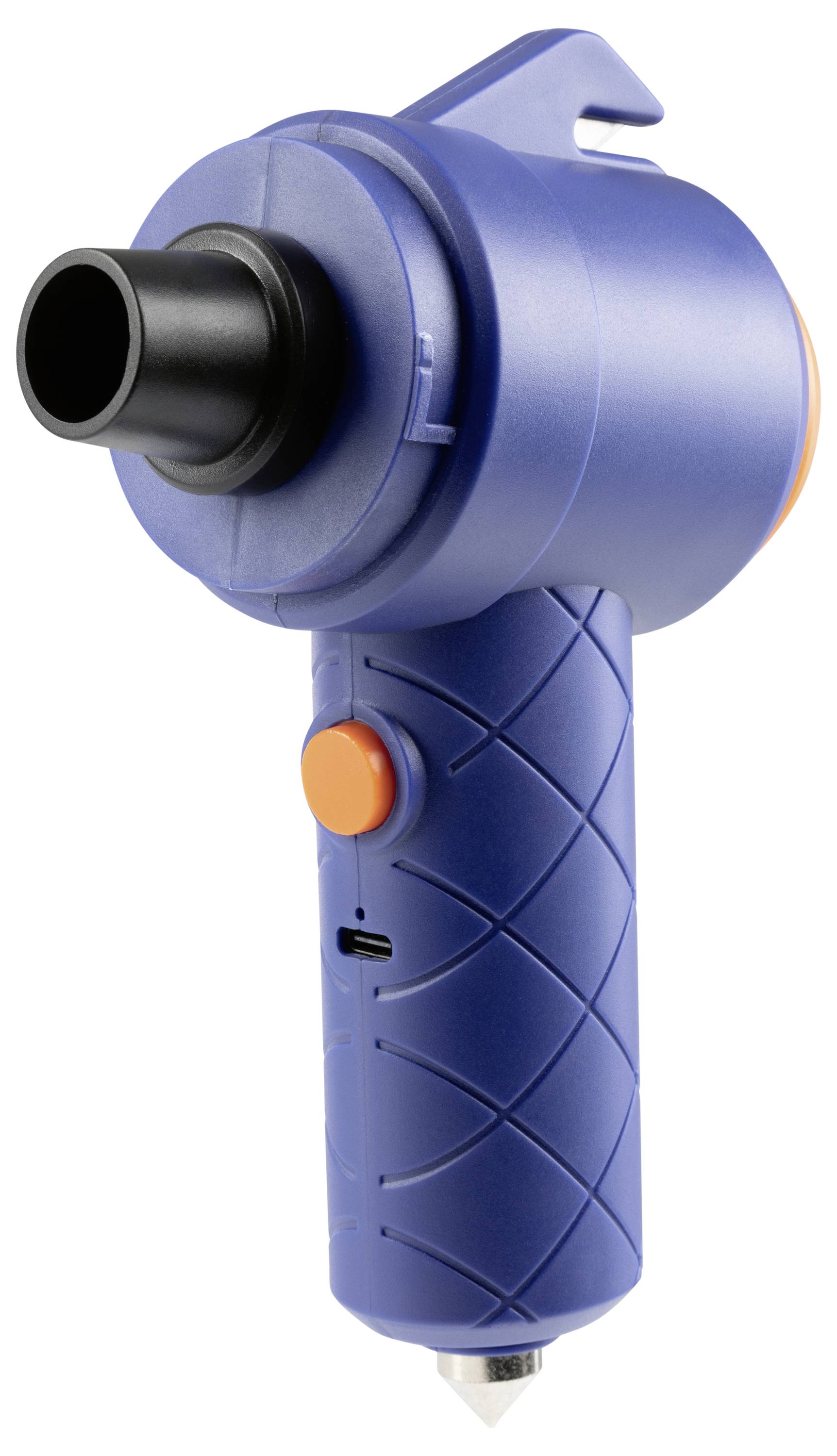 Eine tragbare blaue Luftpumpe mit strukturiertem Griff und orangefarbenem Knopf, entwickelt zum Aufblasen von Gegenständen.