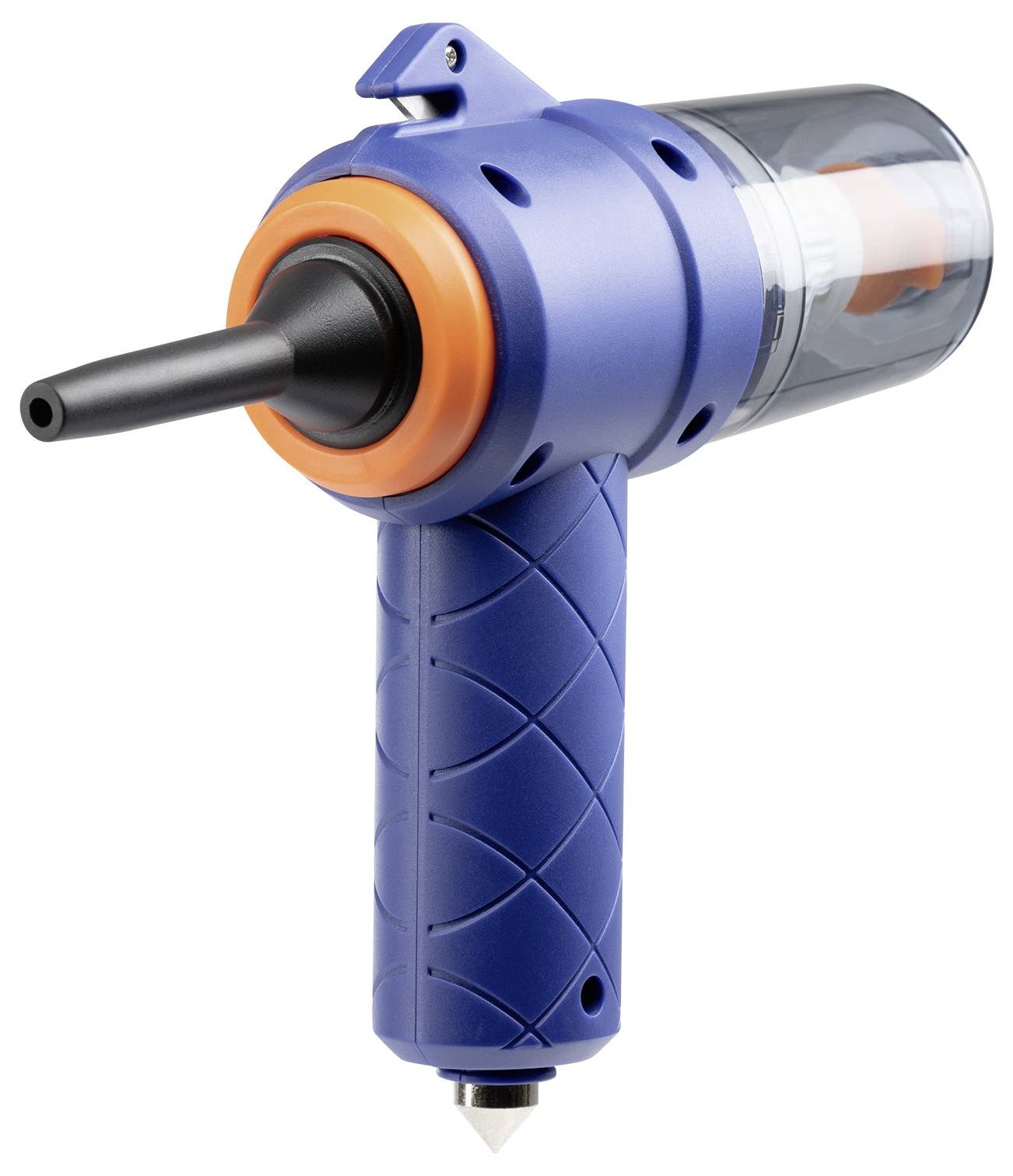 Blau-oranges manuelles Absaugwerkzeug mit strukturiertem Griff und transparenter Rückseite.