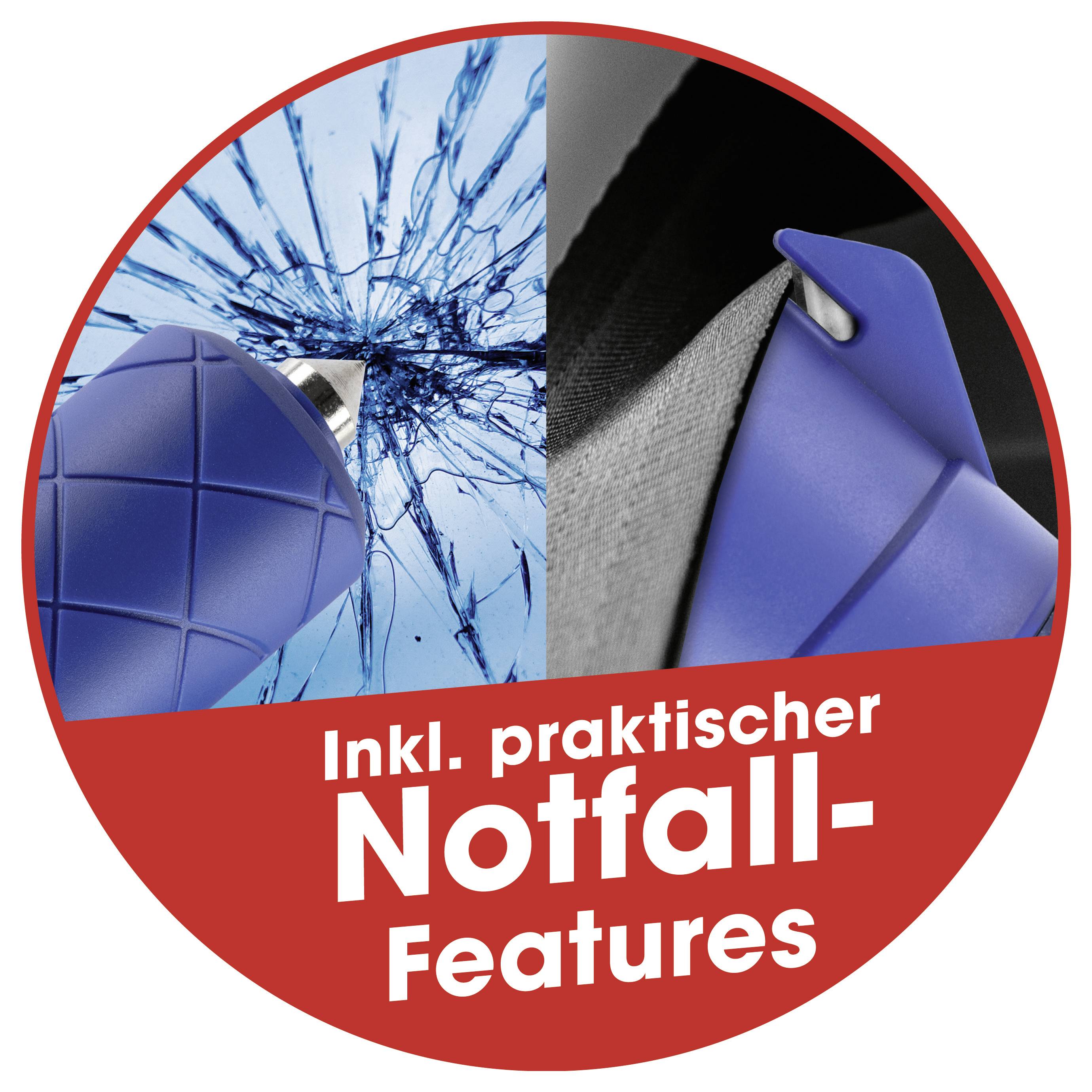 Ein kreisförmiges Bild zeigt ein blaues Notfallwerkzeug mit einer scharfen Spitze, das links eine Scheibe zerbricht und rechts einen Sicherheitsgurt durchschneidet.