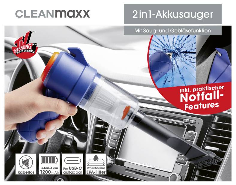 Saug- und Blasgerät für Autoinnenräume mit blauem Griff, mit Notfallfunktionen. Enthält Symbole für kabellos, USB-C-Aufladung, 1200mAh und HEPA-Filter.