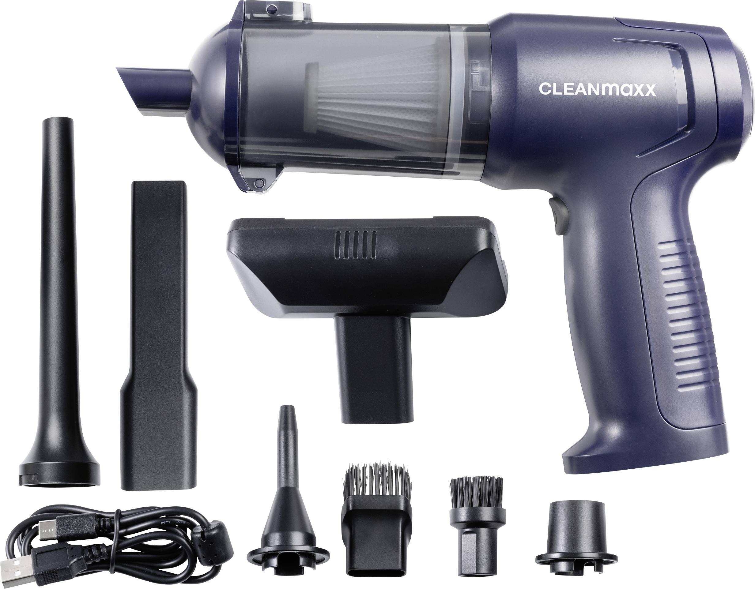 Tragbarer Staubsauger mit mehreren Aufsätzen einschließlich Düsen, Bürsten und einem USB-Ladekabel, geeignet für kleine Reinigungsaufgaben.