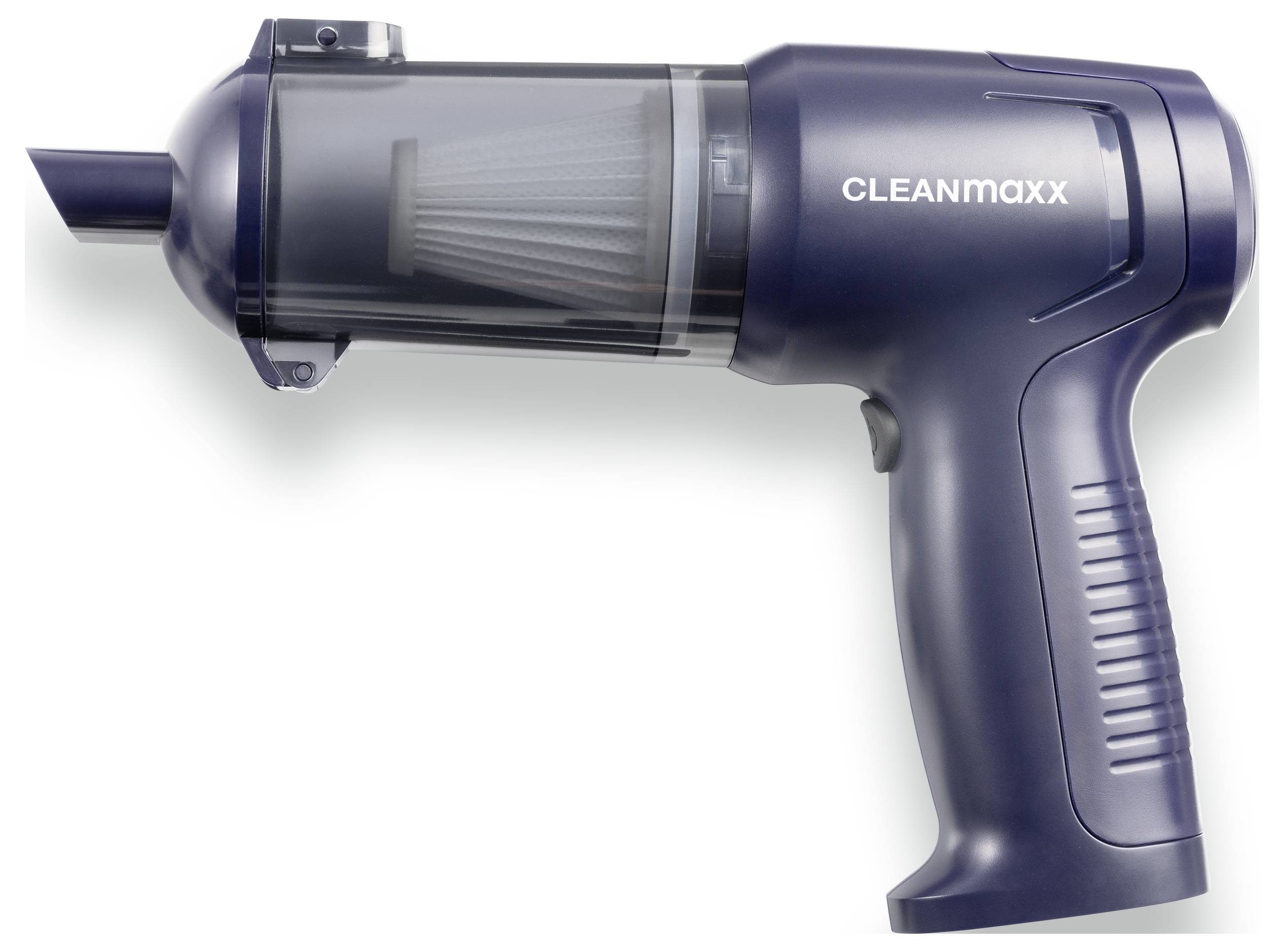 Ein tragbarer Staubsauger mit durchsichtigem Staubbehälter und einem Filter im Inneren. Das Gerät trägt das Label „CLEANmaxx