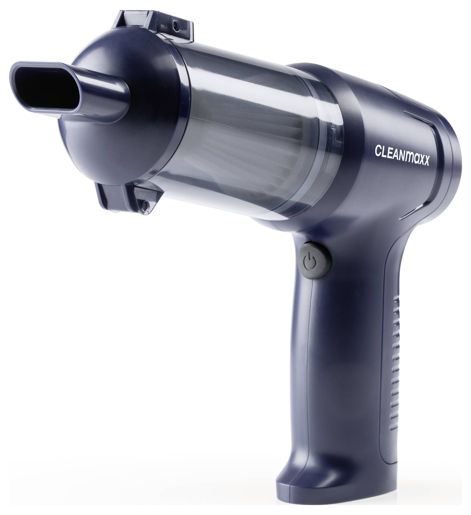 Ein tragbarer, dunkelblauer Staubsauger mit transparentem Staubbehälter und ergonomischem Griff, mit der Bezeichnung „CLEANmaxx