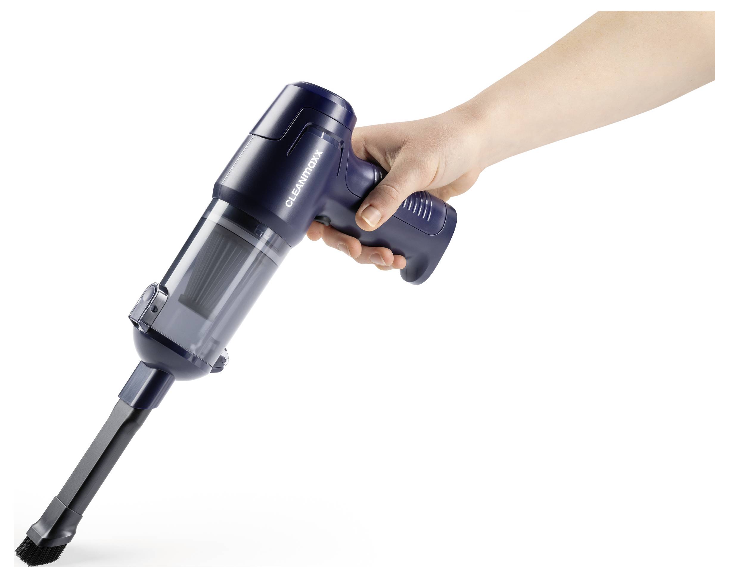 Eine Person hält einen tragbaren Handstaubsauger und zeigt sein leichtes und tragbares Design für die einfache Reinigung von kleinen Räumen.