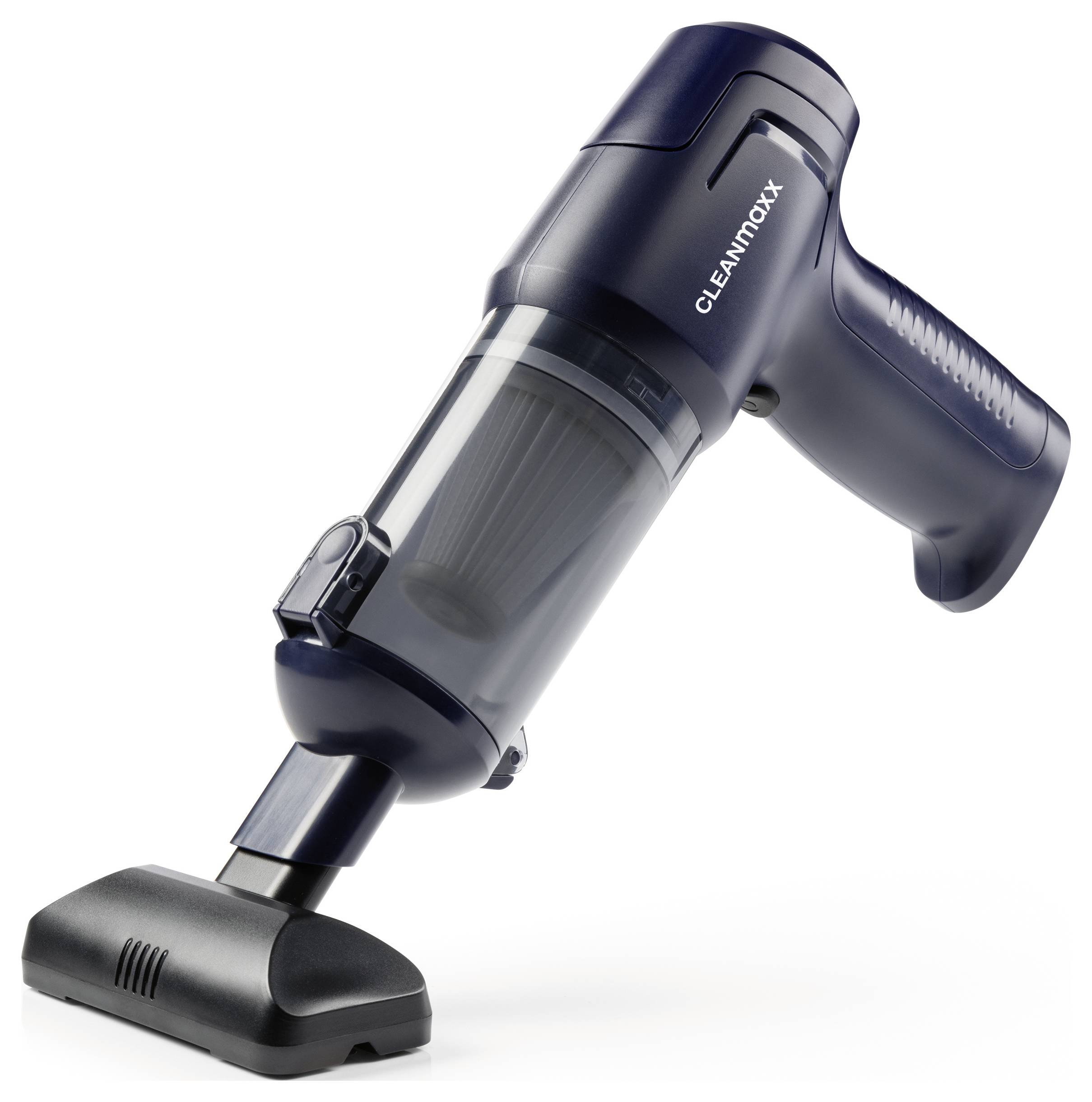 Ein kompakter, tragbarer Staubsauger in elegantem dunkelblauem Design mit einem transparenten Staubbehälter und einer breiten Düsenaufsatz.