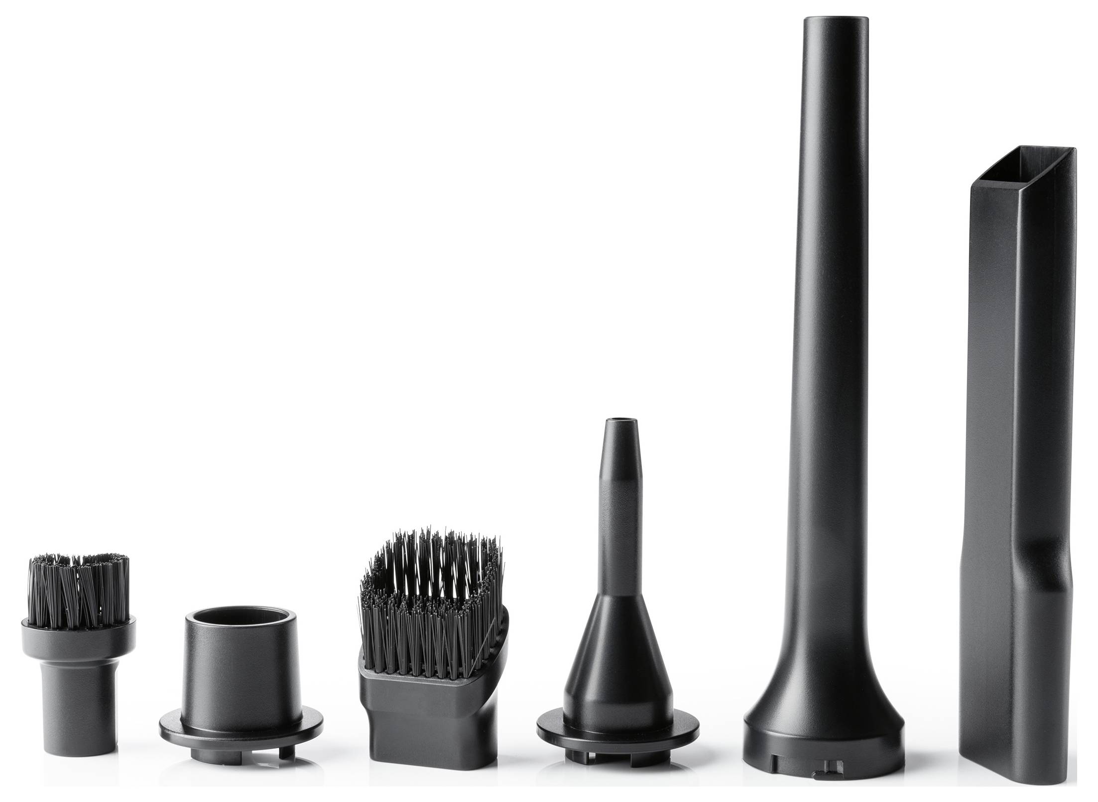 „Verschiedene schwarze Staubsauger-Aufsätze in einer Reihe angeordnet.