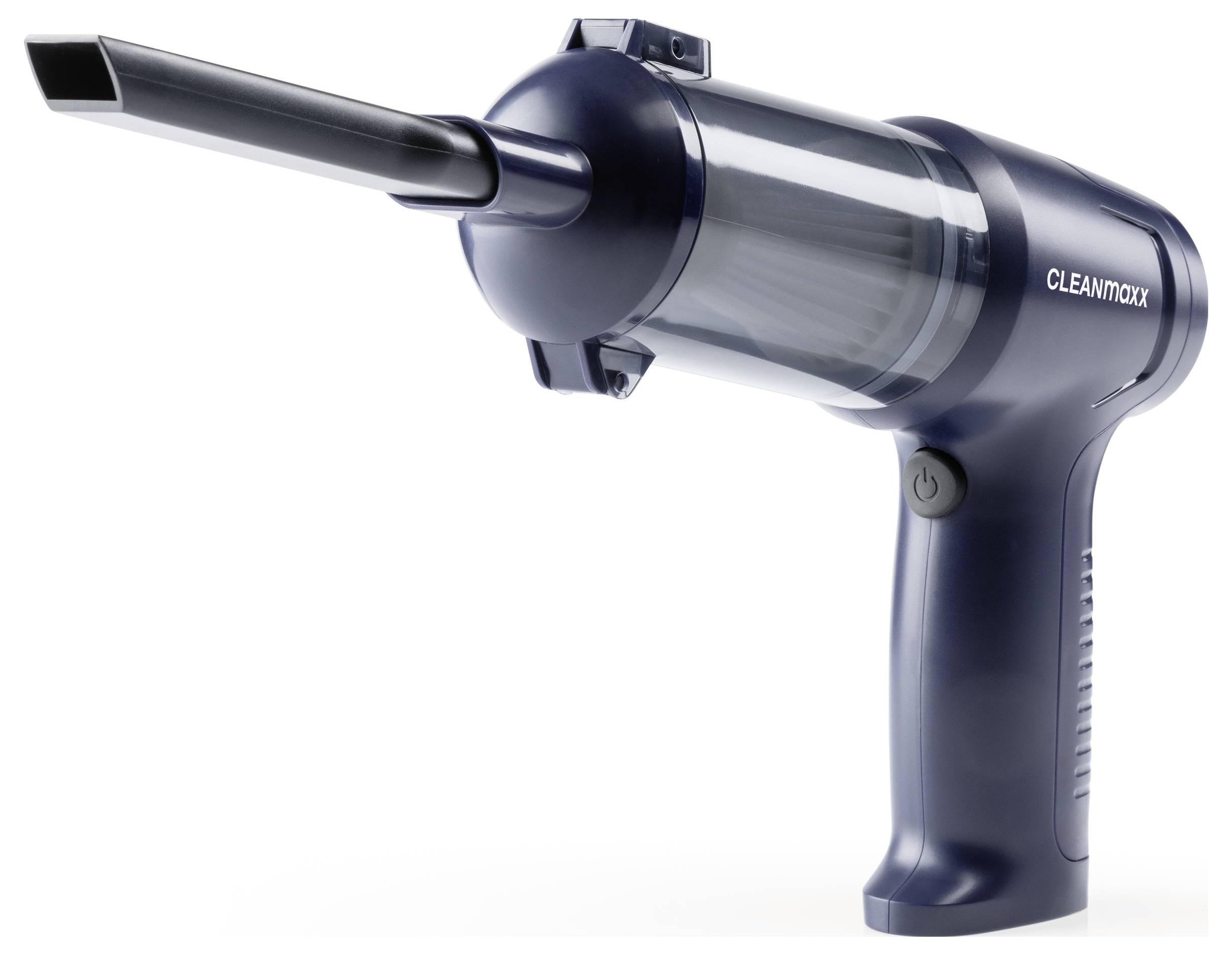 Ein tragbares, tragbares Schwarzblau-Handstaubsauger mit schmaler Düse, mit der Bezeichnung „CLEANVOCX