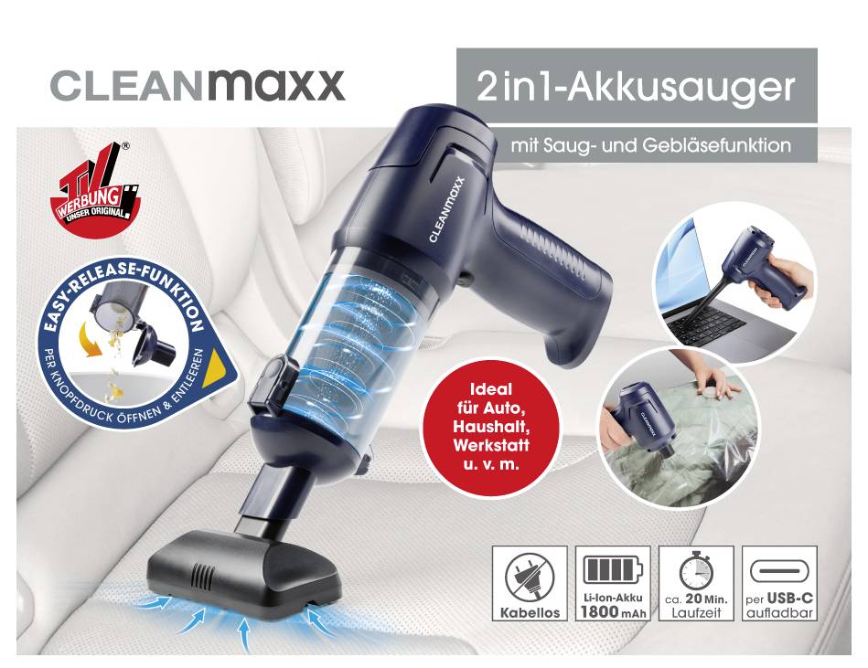 'LEANMAXX 2in1 Akkusauger' Handstaubsauger, gezeigt beim Reinigen eines Autositzes. Zu den Funktionen gehören einfache Freigabefunktion, kabellos, Li-Ionen-Akku, 20 Minuten Laufzeit und USB-C-Aufladung.