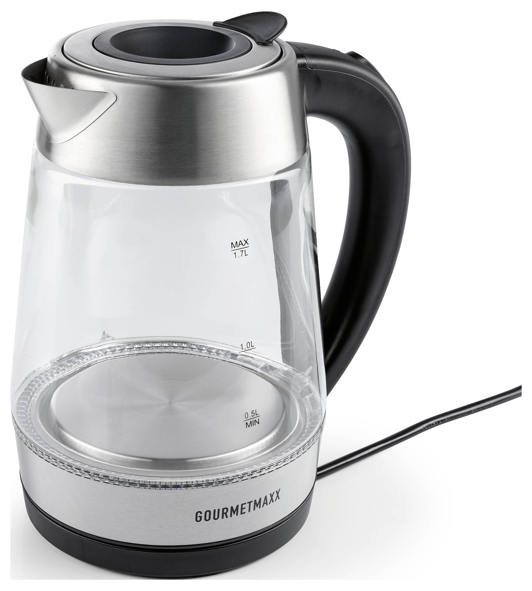 Elektrischer Glaskessels mit Edelstahlkappe und schwarzem Griff, der Wasserspiegelsmarkierungen bis zu 1,7 Litern zeigt, mit der Bezeichnung 