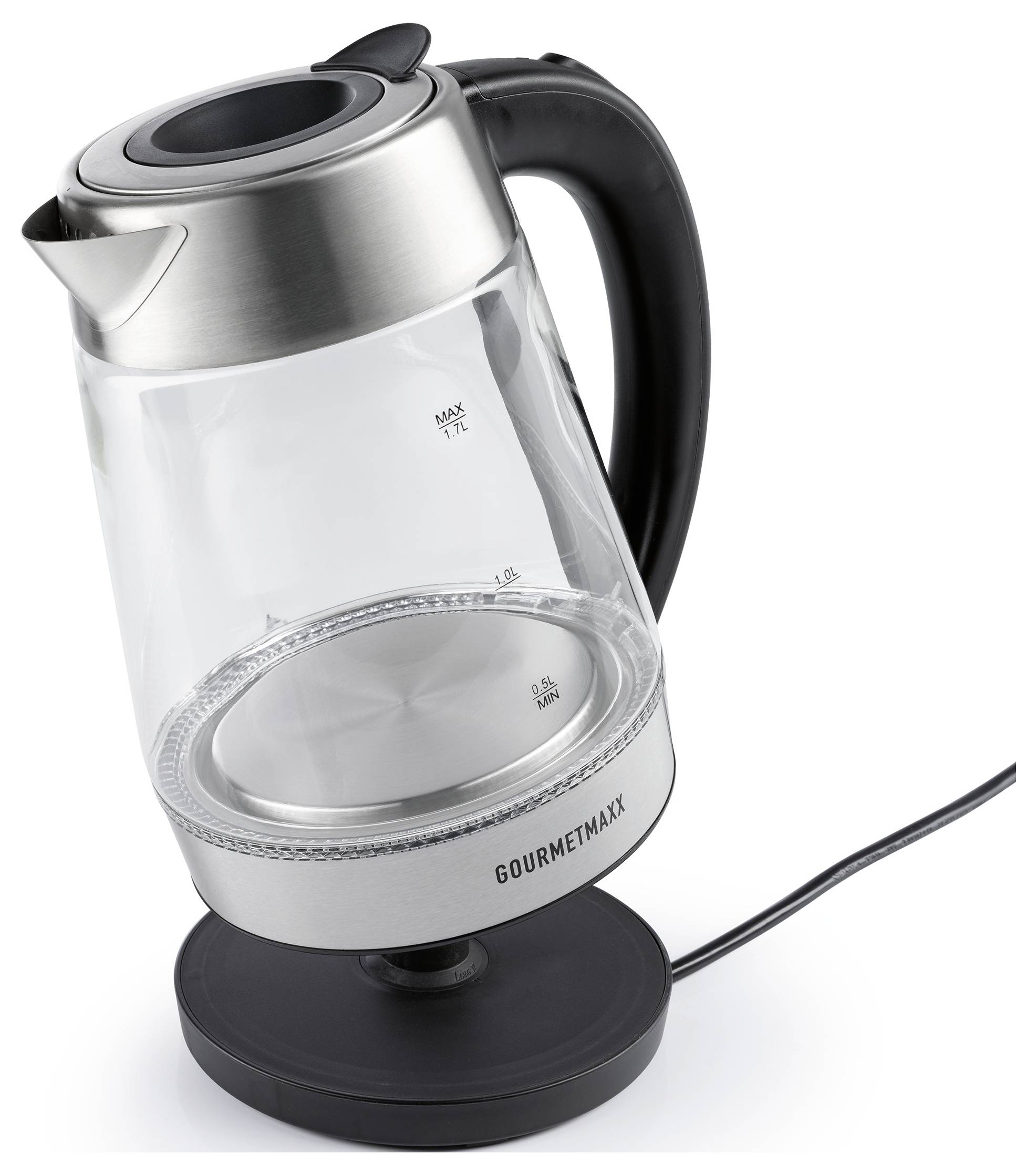 Elektrischer Glaskrug mit schwarzem Griff und silbernem Deckel, der auf einer runden schwarzen Basis mit Stromkabel sitzt, beschriftet mit „GOURMETmaxx