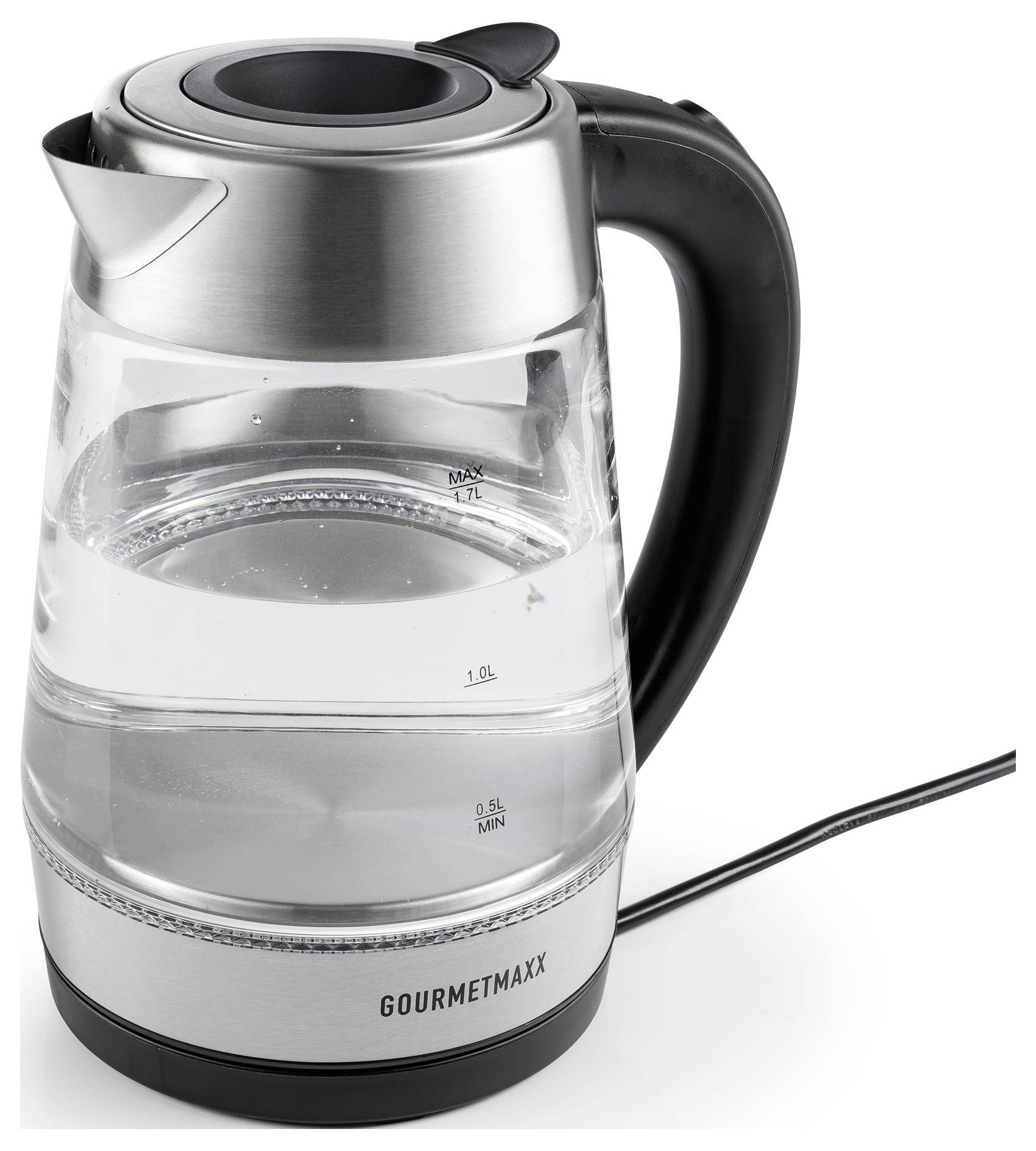 Elektrischer Glaskrug mit schwarzem Griff, Edelstahloberseite, klare Wasserstandsanzeiger und 'GOURMETmaxx'-Branding auf der Basis.