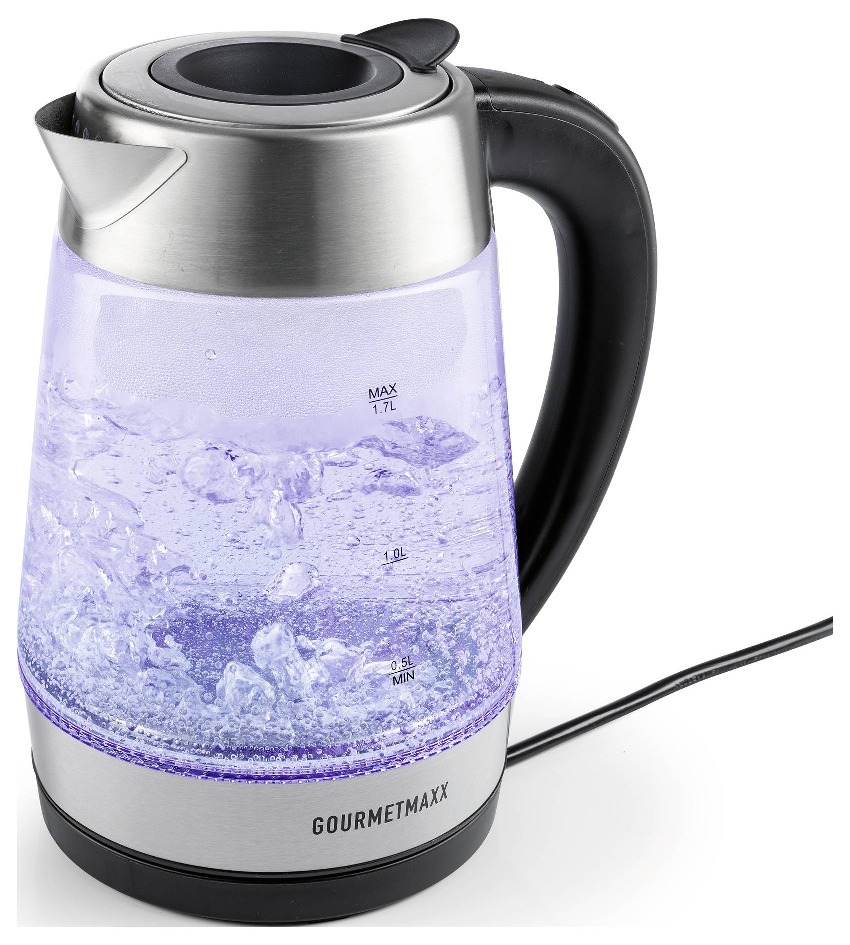 Ein Glaswasserkocher mit Metalldeckel und Metallbasis, gefüllt mit kochendem Wasser. LED-Leuchten illuminieren das Wasser mit einem blauen Farbton.