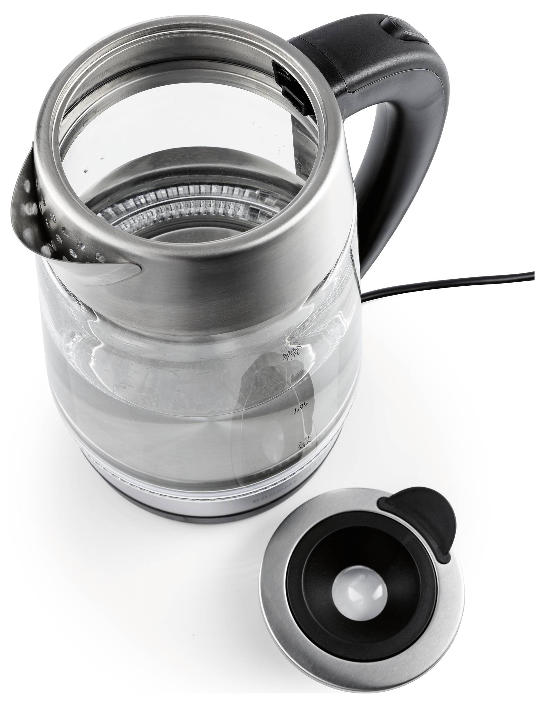 Ein durchsichtiger Wasserkocher mit Deckel aus Edelstahl, Griff und Stromkabel, teilweise mit Wasser gefüllt. Der Deckel ist abgenommen.