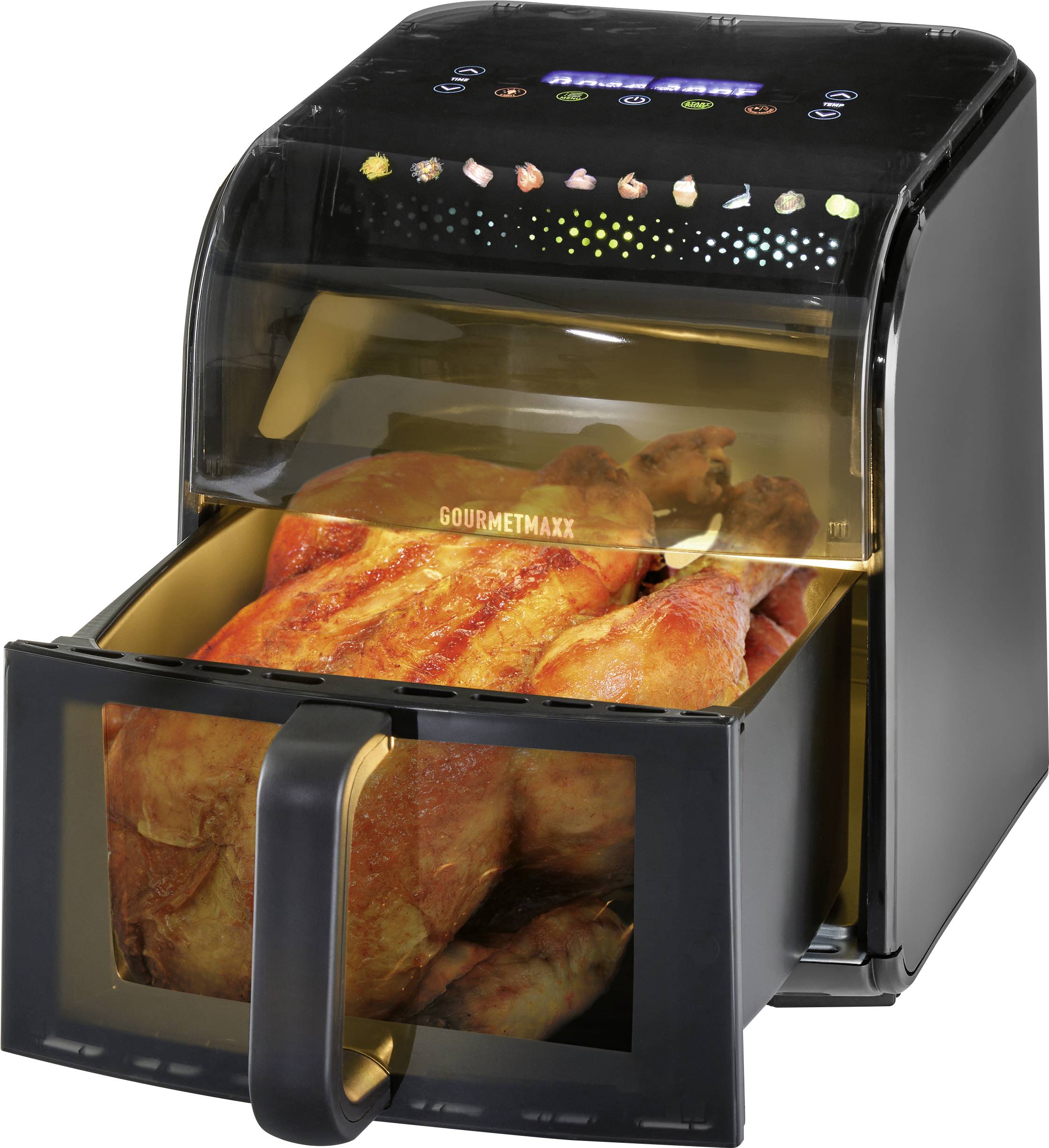 Heißluftfriteuse auf einer Küchentheke mit gekochtem Huhn im Inneren. In der Nähe befinden sich Teller mit Jalapeño-Poppers und Wedges vor einer Küchenkulisse.