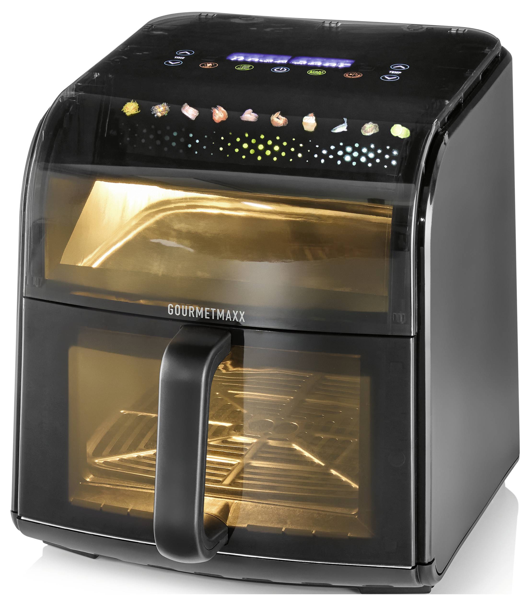 Ein schwarzer, zweigeteilter Heißluftfritteuse mit digitalem Display oben und einem transparenten Fenster zum Beobachten von Speisen während des Garvorgangs im Inneren.
