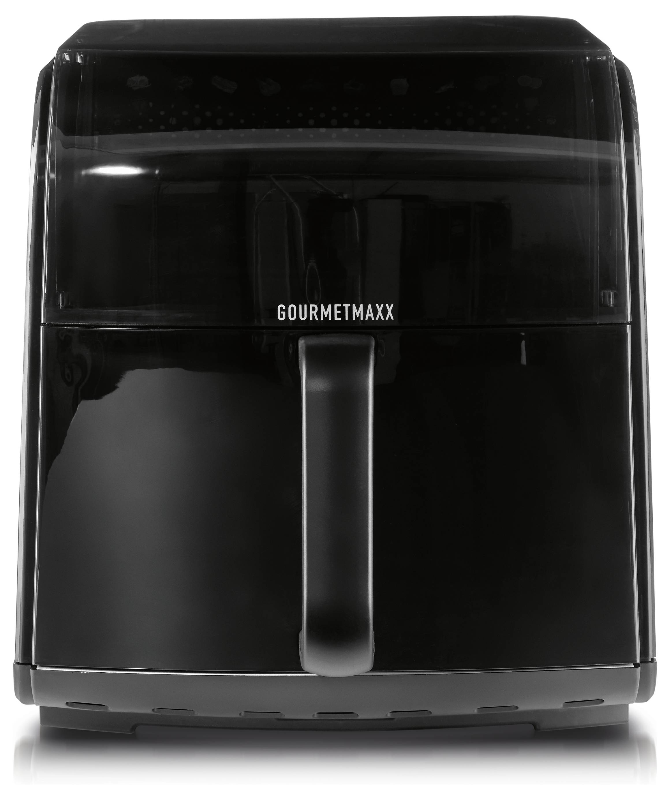 Ein schwarzer Heißluftfritteuse mit einem Griff an der Vorderseite, auf deren Gehäuse der Markenname „GOURMETMAXX