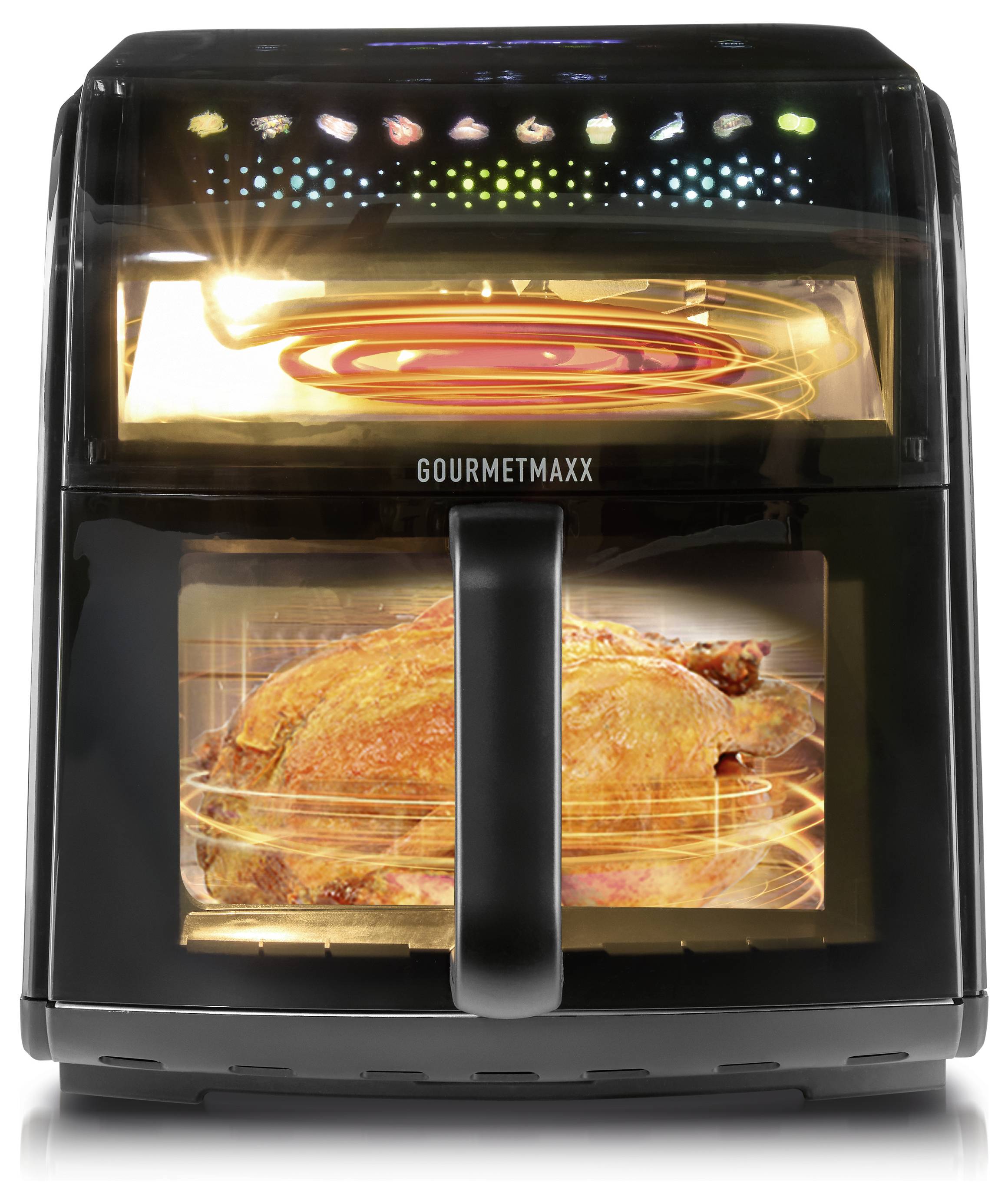 Ein Heißluftfritteuse-Ofen mit einem rotierenden Brathähnchen innen, leuchtendem Heizelement oben und sichtbaren Bedienfeldsymbolen oben.