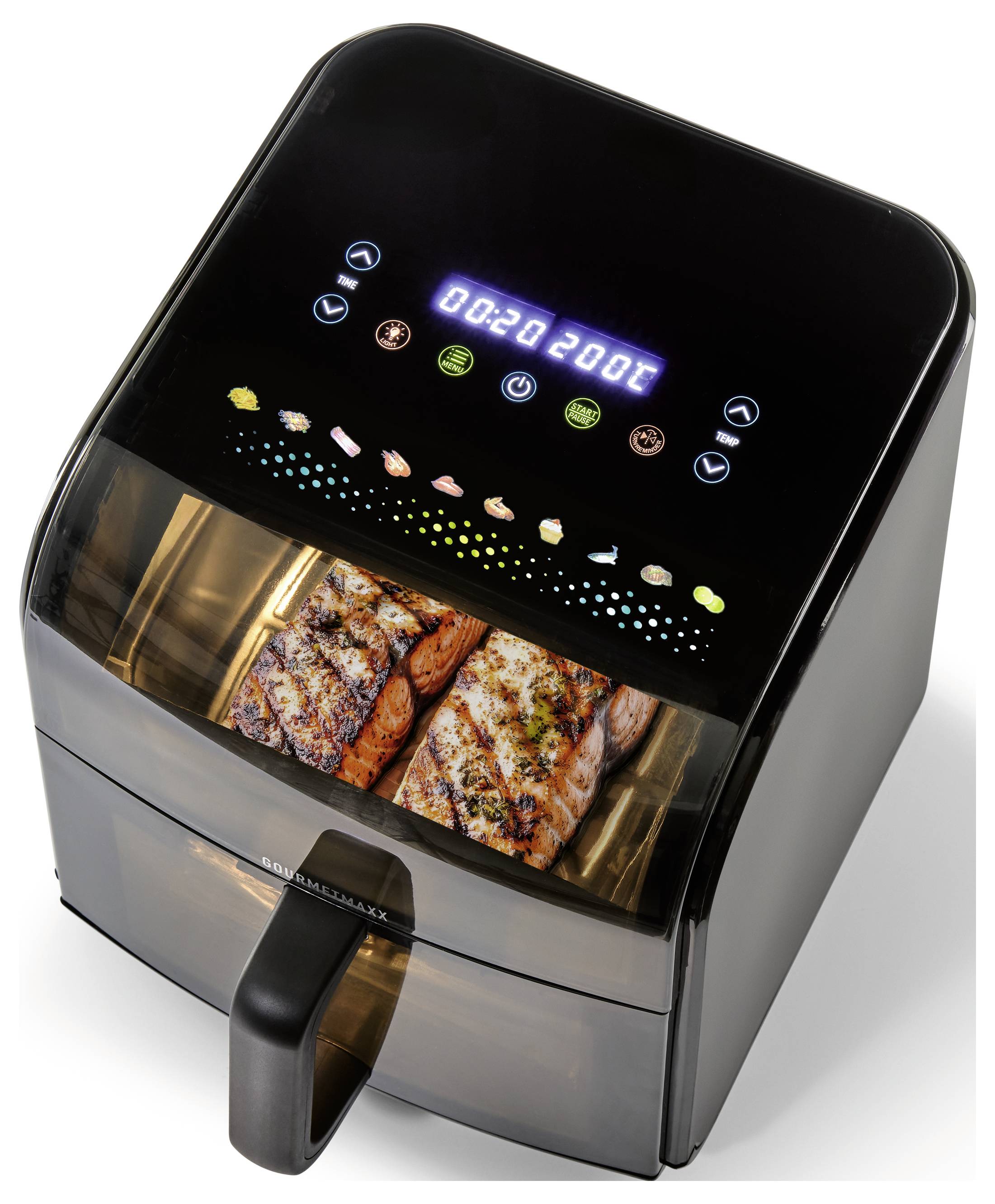 Schwarze Heißluftfritteuse mit digitaler Anzeige, die 