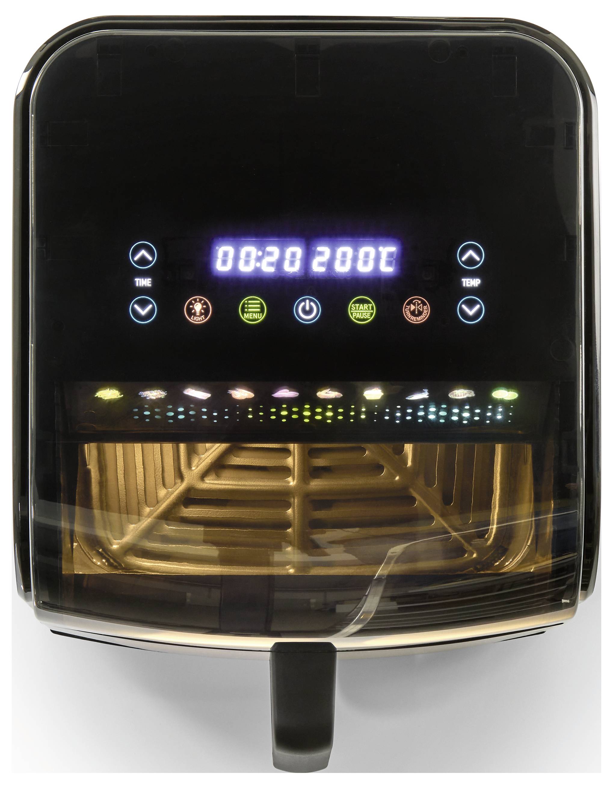 Luftfrittöse mit digitaler Anzeige, die 20 Minuten bei 200°C anzeigt, Tasten für Zeit, Temperatur, Leistung und Garmodi. Innenansicht mit Beleuchtung.