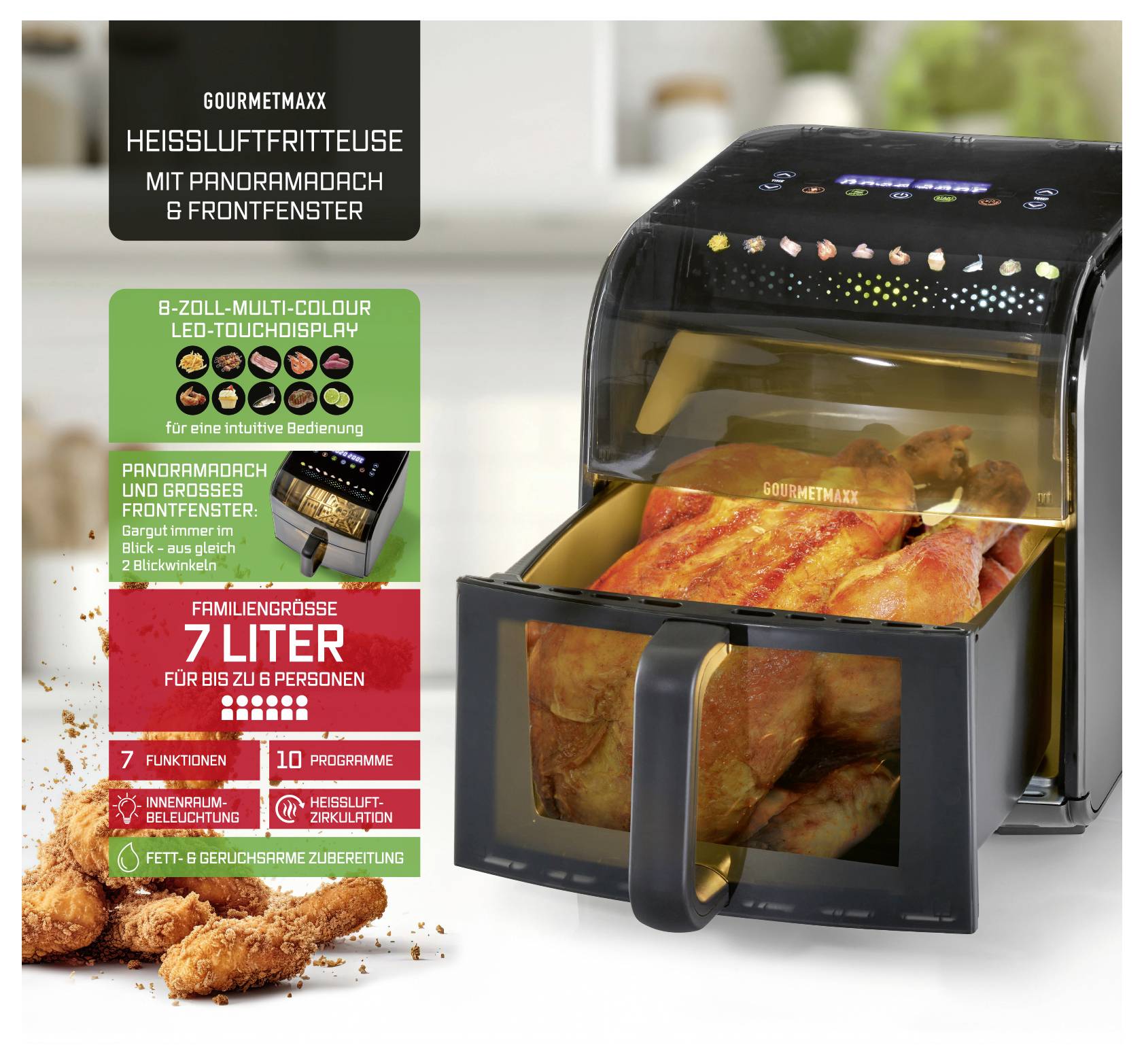 Heißluftfritteuse mit Hühnchen darin, beschriftet mit „GOURMETmaxx Heißluftfritteuse