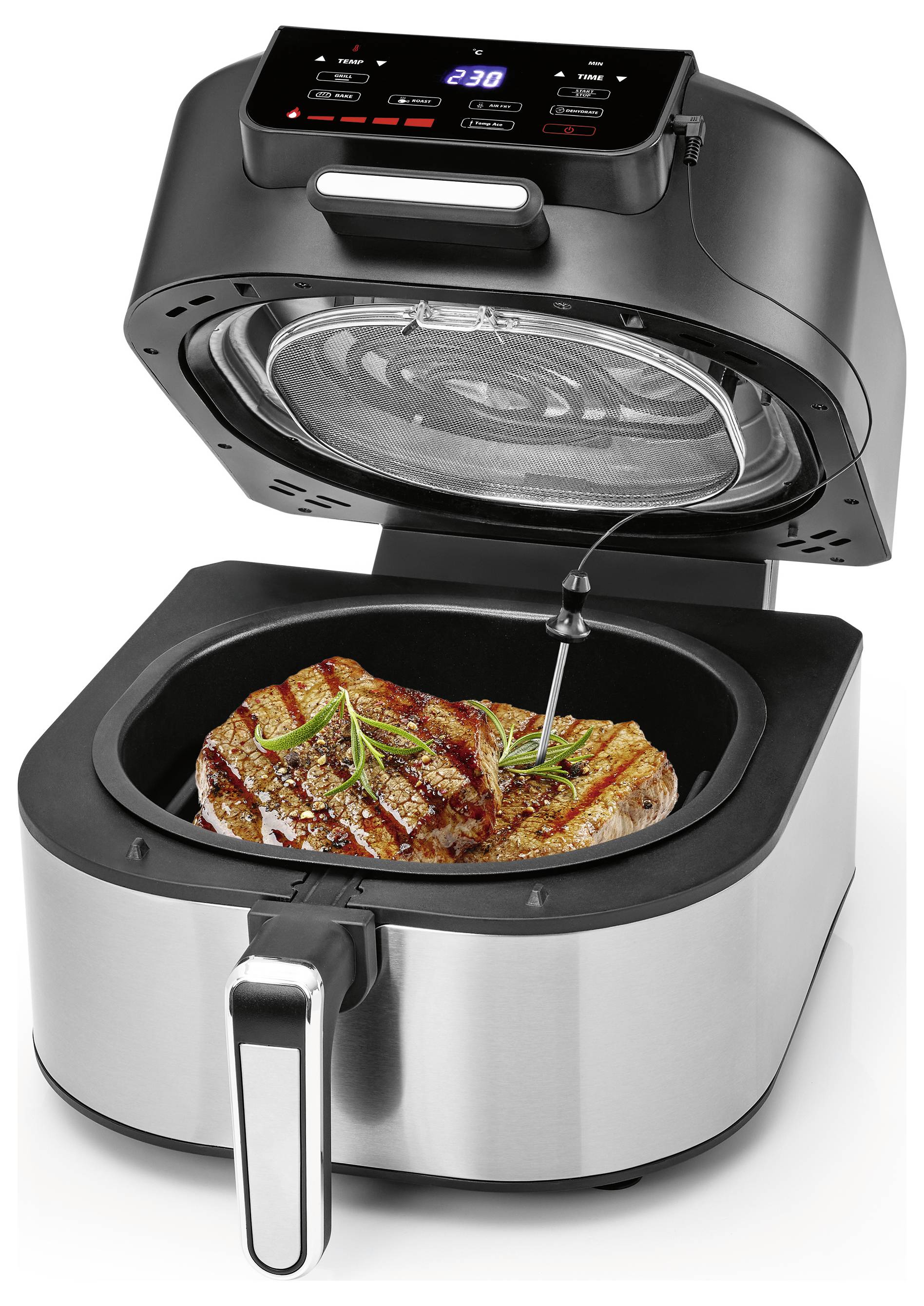 Ein Heißluftfritteuse mit offenem Deckel, das ein gegartes Fleischbraten im Inneren zeigt, mit einer eingefügten Temperaturmesssonde. Das Display zeigt Kocheinstellungen an.