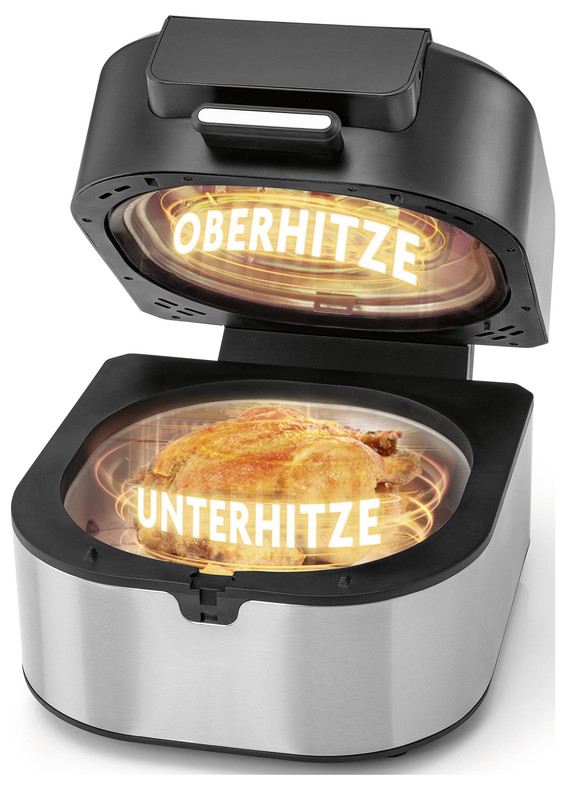 Eine Heißluftfritteuse mit offenenem Deckel, die ein gekochtes Huhn im Inneren zeigt. Die Wörter 