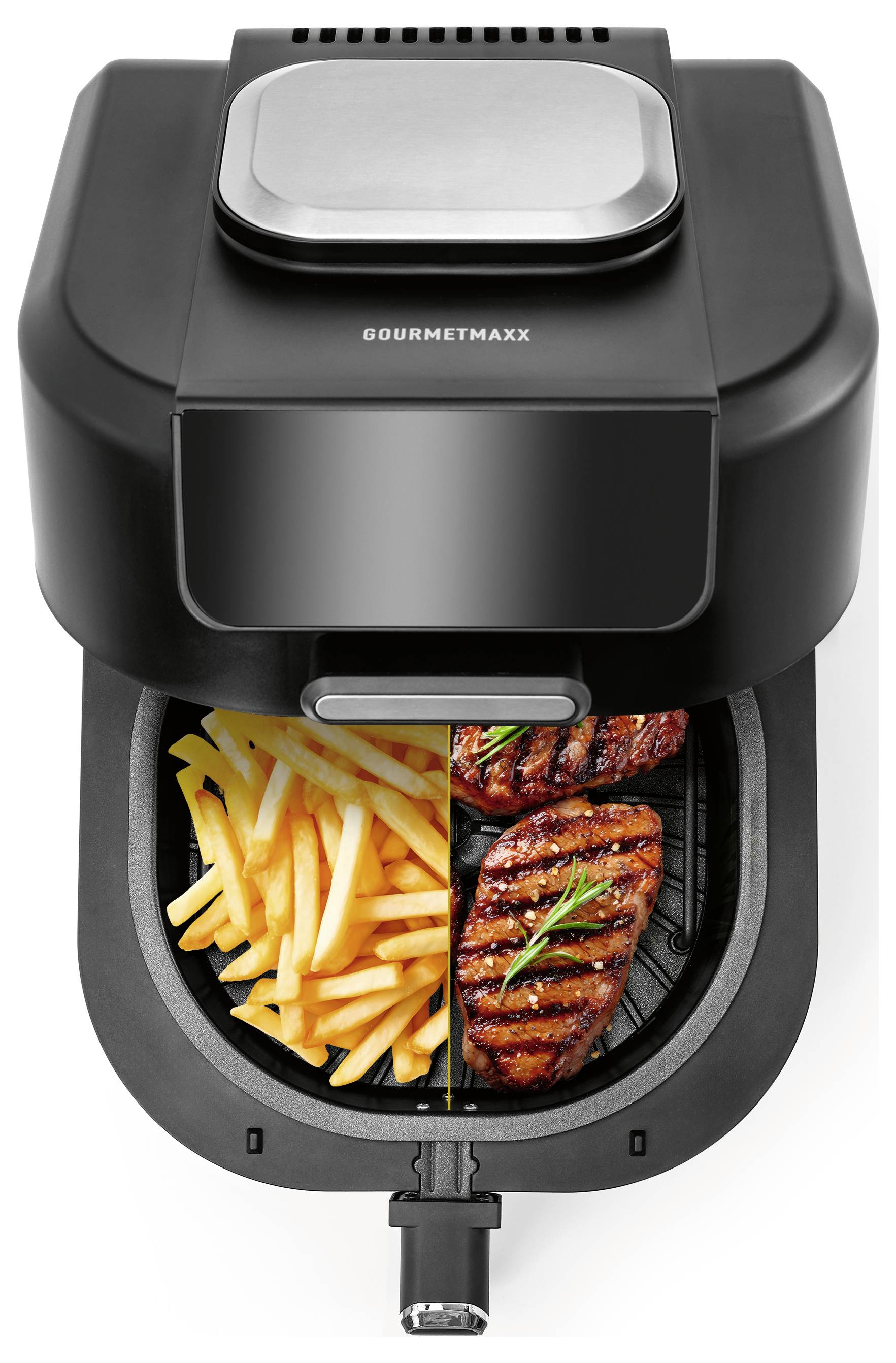 Ein Heißluftfritteusen-Korb mit gegartem Steak und Pommes Frites, der seine Garfähigkeit demonstriert.